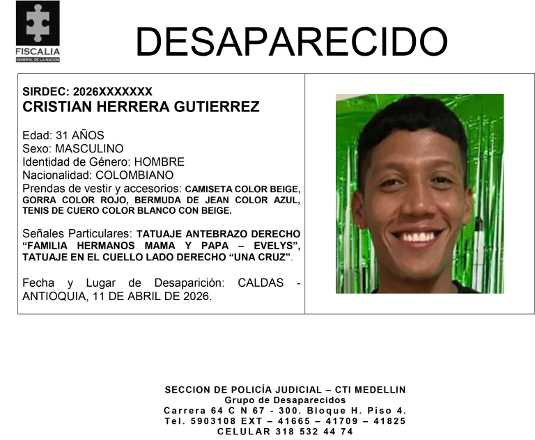 Cristian Herrera Gutiérrez desapareció en Caldas