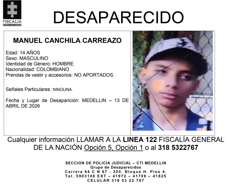 El menor Manuel Canchila desapareció en Medellín