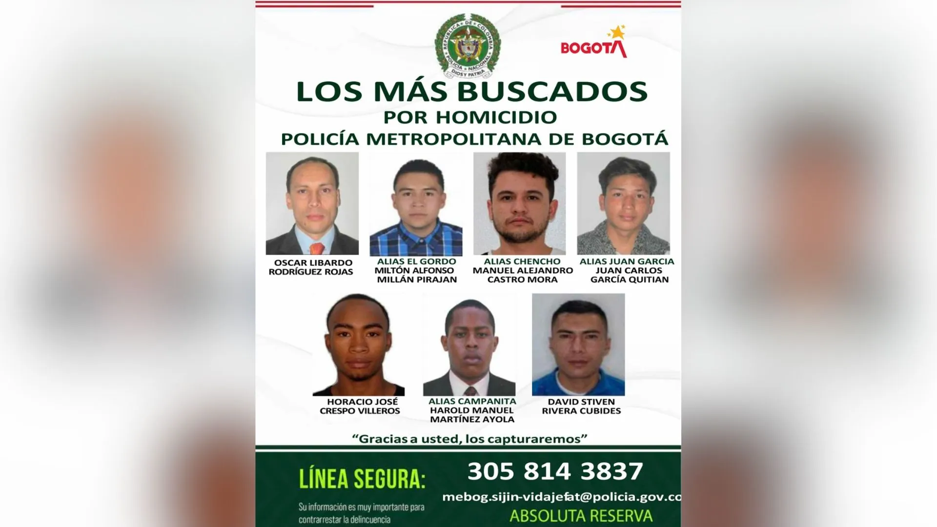 ¡Pilas! Estos son los más buscados de Bogotá, vinculados a homicidios y feminicidios.