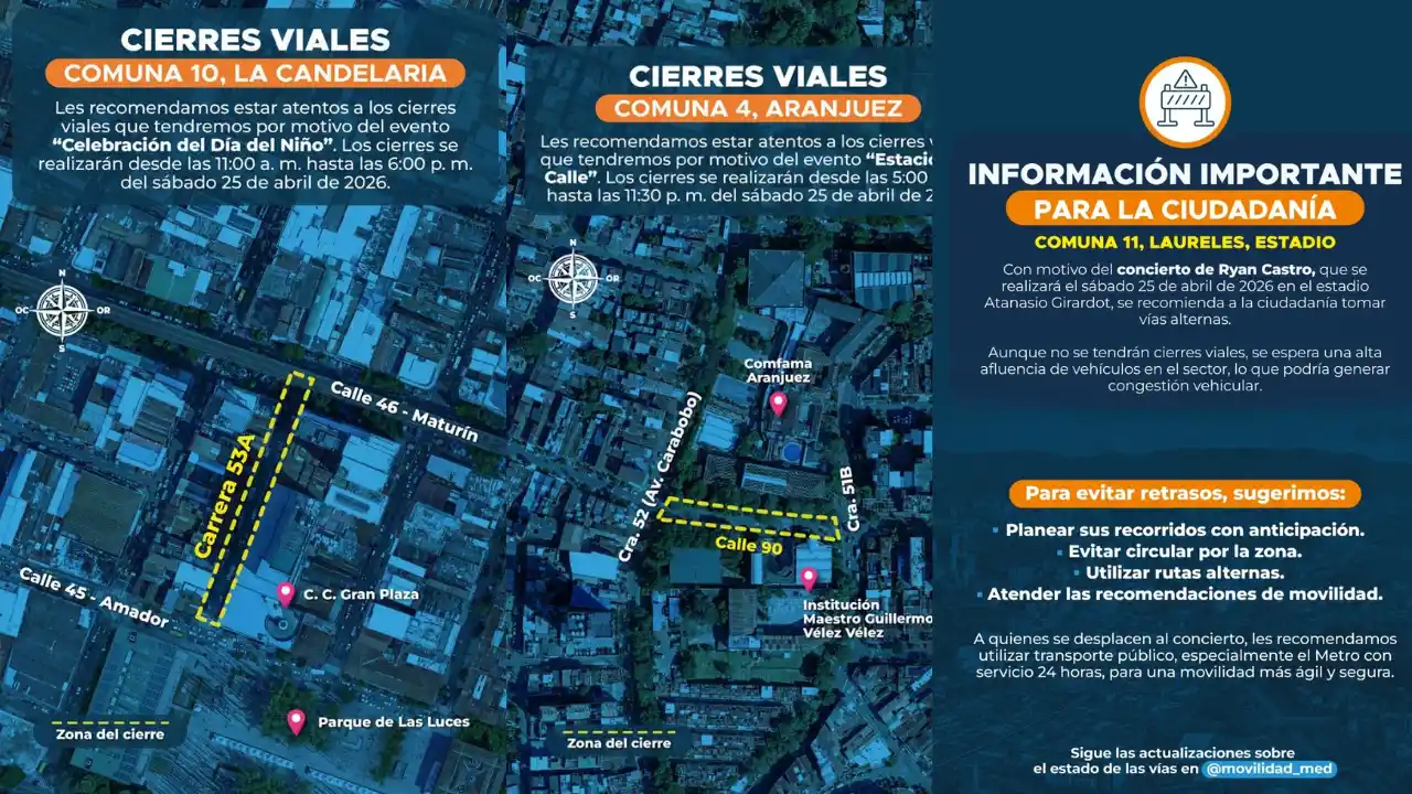 ¡Cuidado con el tráfico! Medellín tendrá cierres viales este sábado por acontecimientos