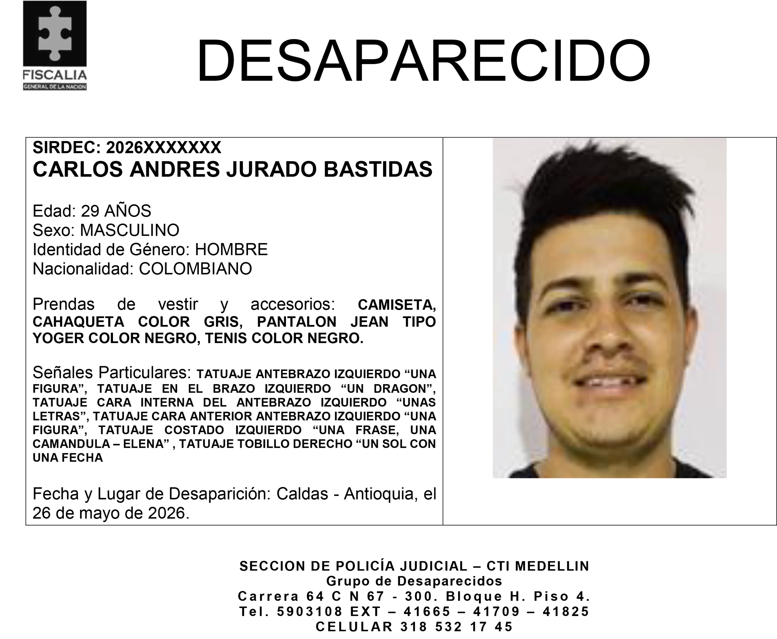 Carlos Andrés Jurado desapareció en el municipio de Caldas 1 1 BOLETIN CARLOS ANDRES JURADO BASTIDAS scaled