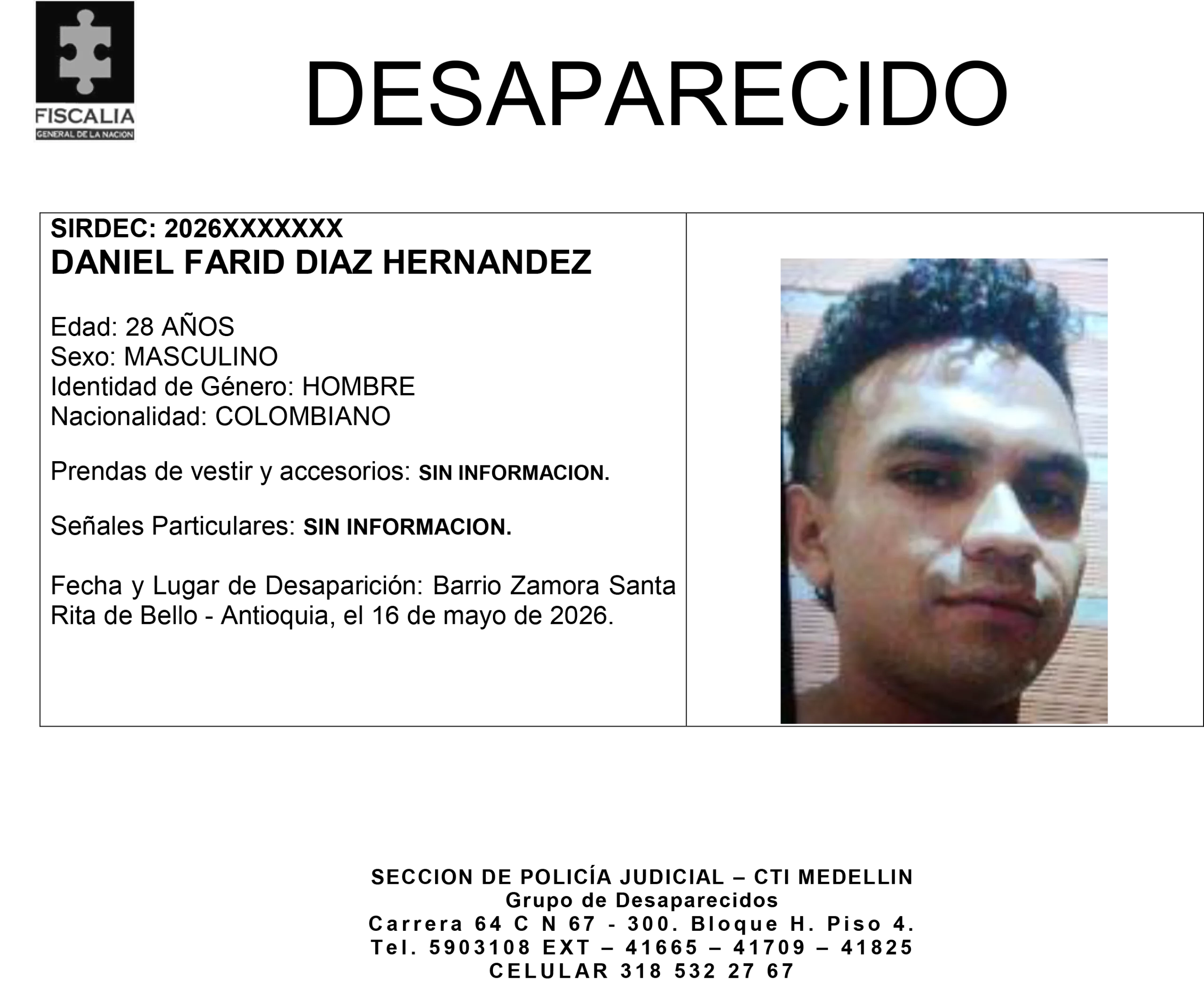 Daniel Farid Díaz desapareció en Bello 2 1 BOLETIN DANIEL FARID DIAZ HERNANDEZ scaled