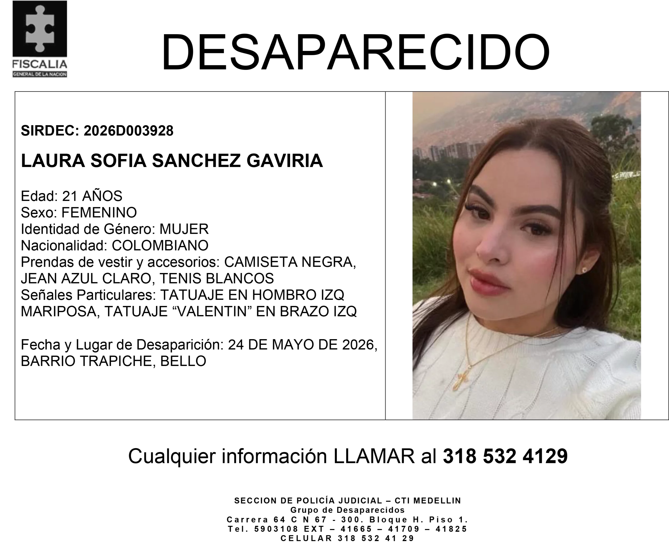 Laura Sofía Sánchez desapareció en Bello 2 1 BOLETIN DE DESAPARICION LAURA SOFIA SANCHEZ GAVIRIA scaled