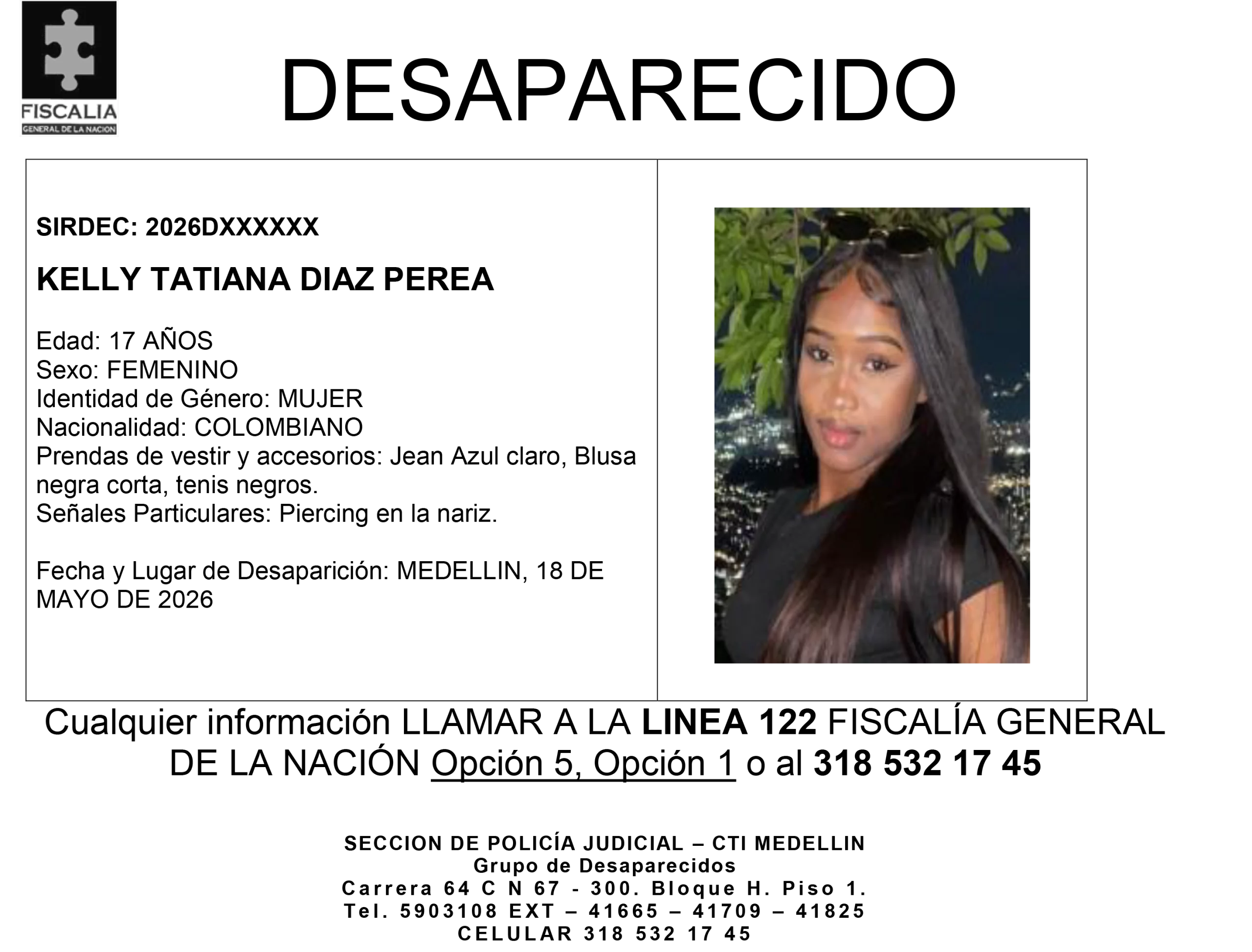 La menor Kelly Tatiana Diaz desapareció en Medellín 2 1 BOLETIN KELLY TATIANA DIAZ PEREA scaled