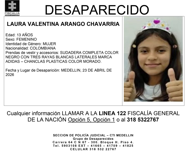La menor Laura Valentina Arango desapareció en Medellín