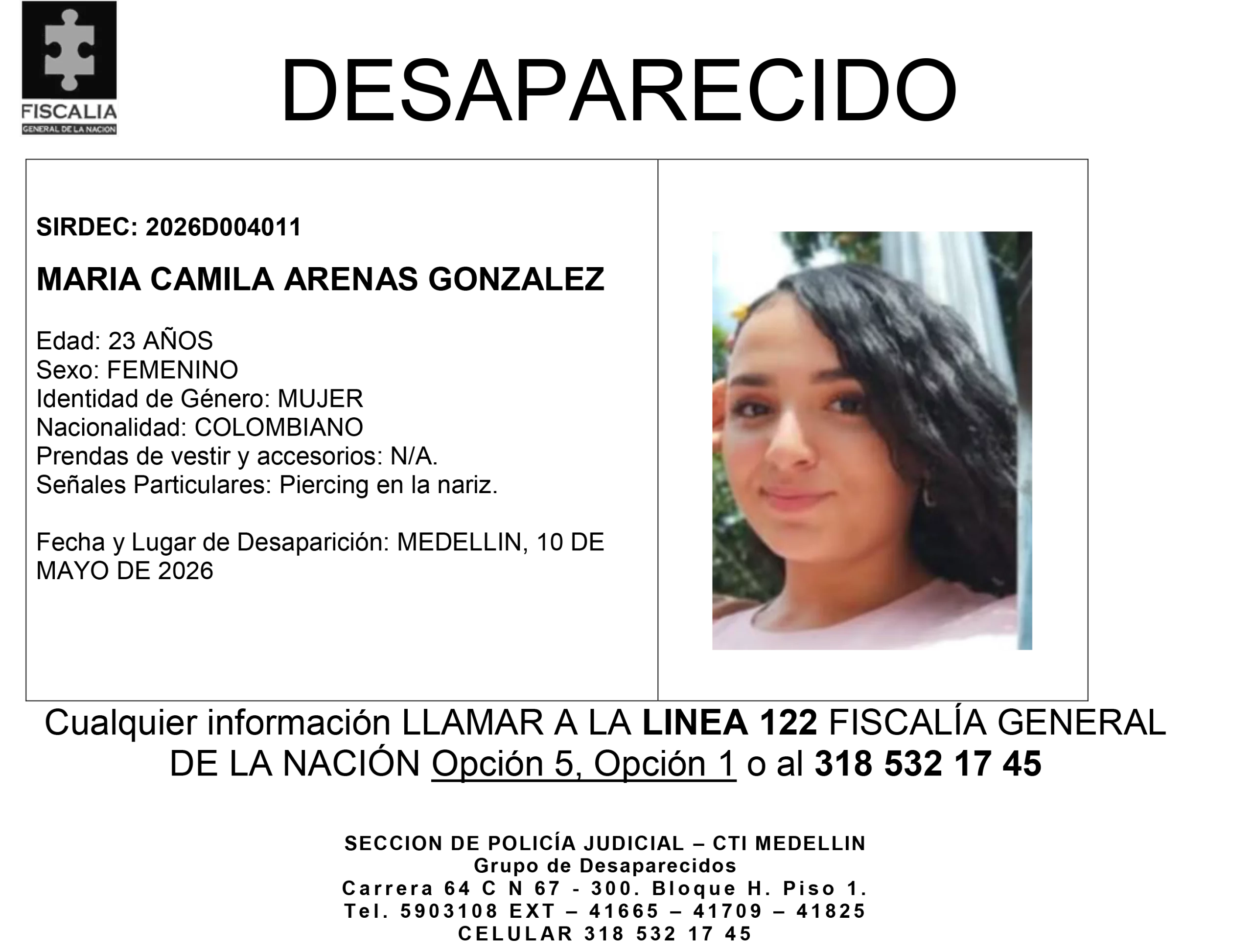 María Camila Arenas desapareció en Medellín 2 1 BOLETIN MARIA CAMILA ARENAS GONZALEZ scaled