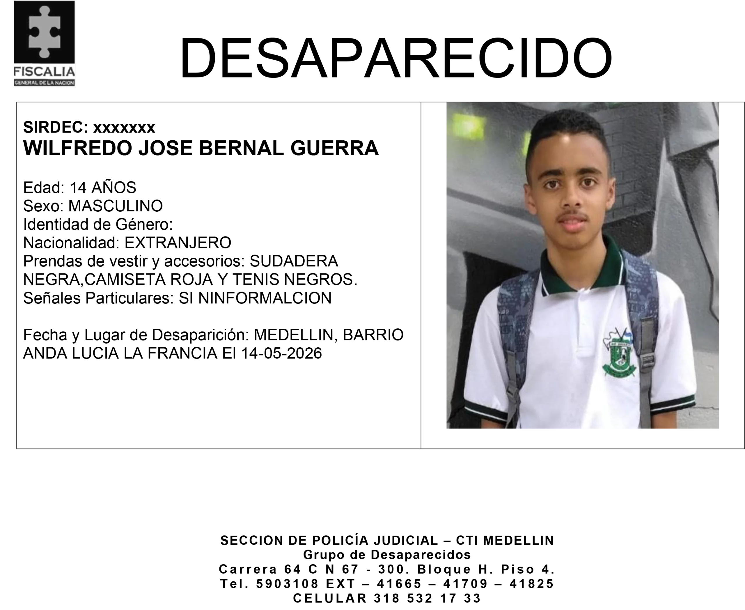 El menor Wilfredo Jose Bernal desapareció en Medellín 2 1 BOLETIN WILFREDO JOSE BERNAL GUERRA scaled