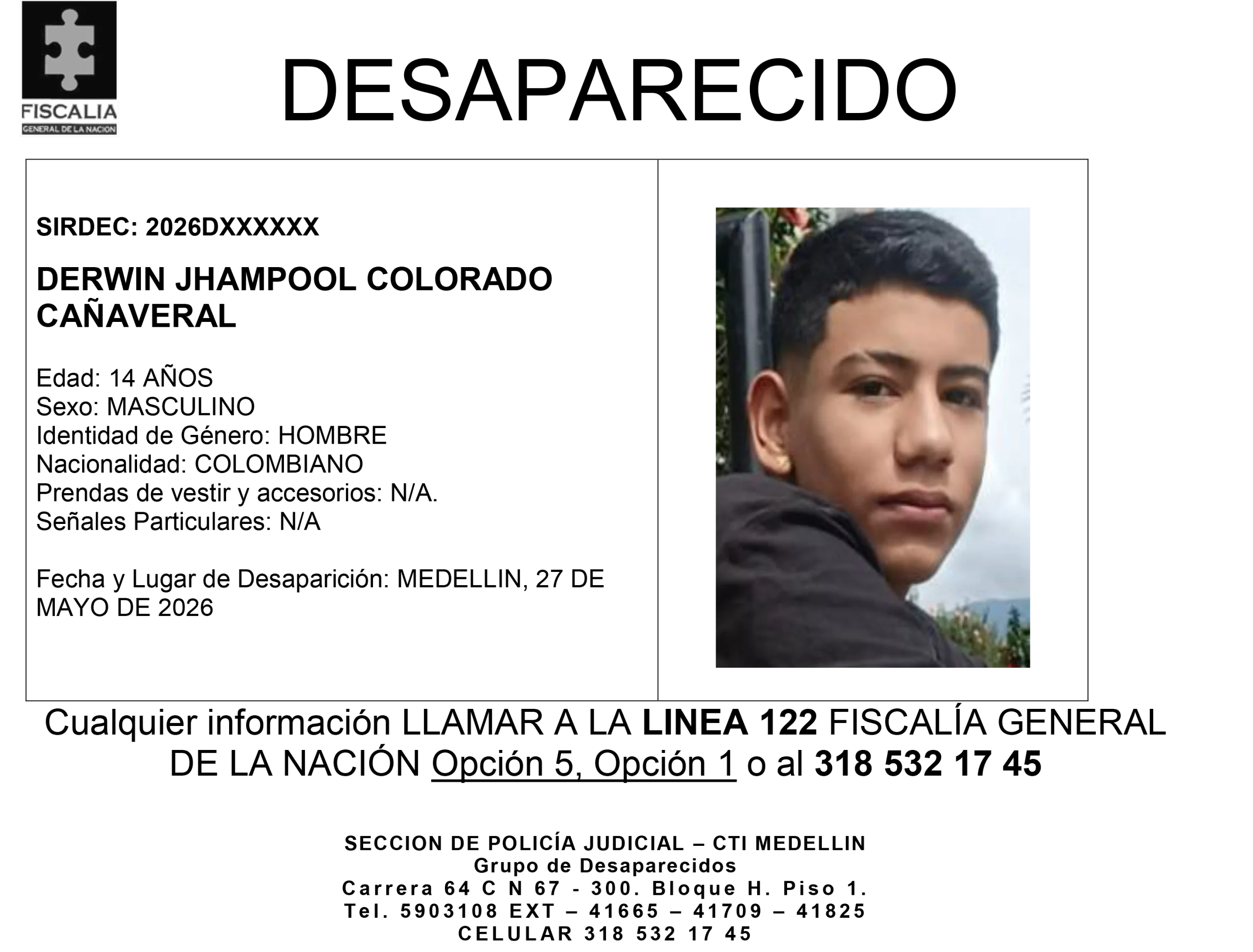El menor Derwin Jhampool Colorado desapareció en Medellín 2 3 BOLETIN DERWIN JHAMPOOL COLORADO CANAVERAL scaled