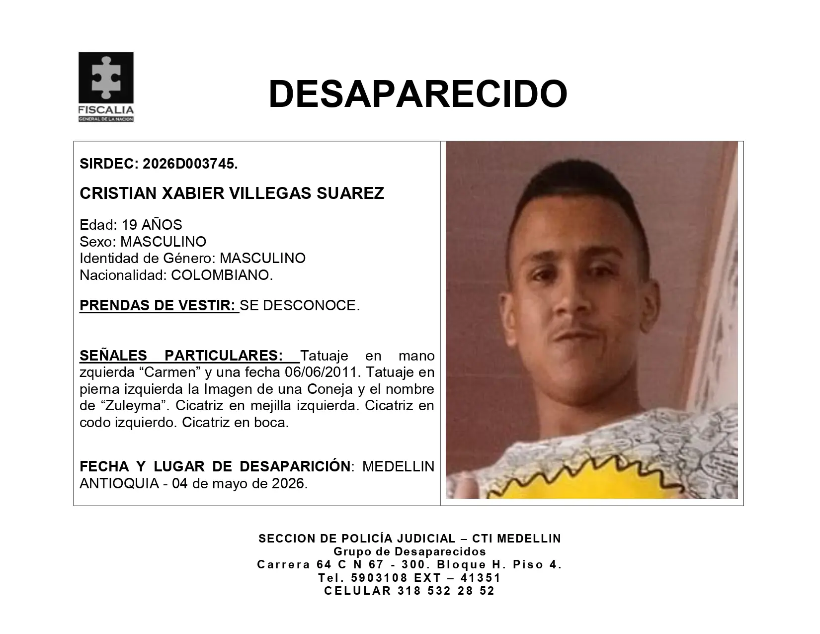 ¡Tiene tatuajes y cicatrices! Cristian Xabier se extravió el 4 de mayo en Medellín 2 BOLETIN CRISTIAN XABIER VILLEGAS SUAREZ page 0001
