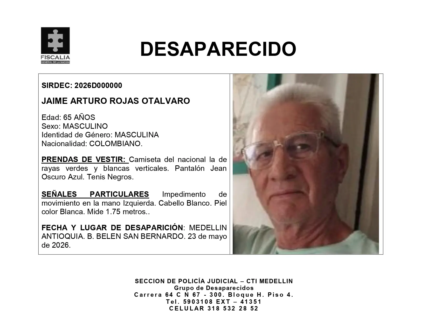 ¡Urgente! Jaime Arturo Rojas de 65 años se extravió en Belén el 23 de mayo y su familia lo busca 2 BOLETIN JAIME ARTURO ROJAS OTALVARO page 0001