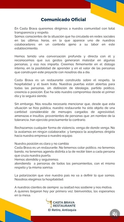 «No tenemos color político»: Casta Brava se pronuncia tras ola de amenazas por video de un empleado 2 Comunicado del Restaurante Casta Brava, publicado en sus redes sociales
