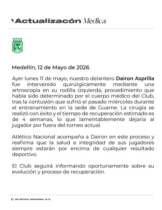 ¡Por un golpe en el entrenamiento! Nacional revela el tiempo que estará Dairon Asprilla por fuera de las canchas 2 dairon asprilla incapacidad 1