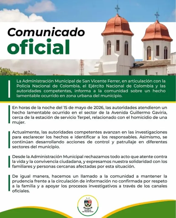 «Por respeto a la familia de la mujer asesinada no difundan rumores»: Alcaldía de San Vicente Ferrer se pronuncia 2 san vicente ferrer alcaldia comunicado