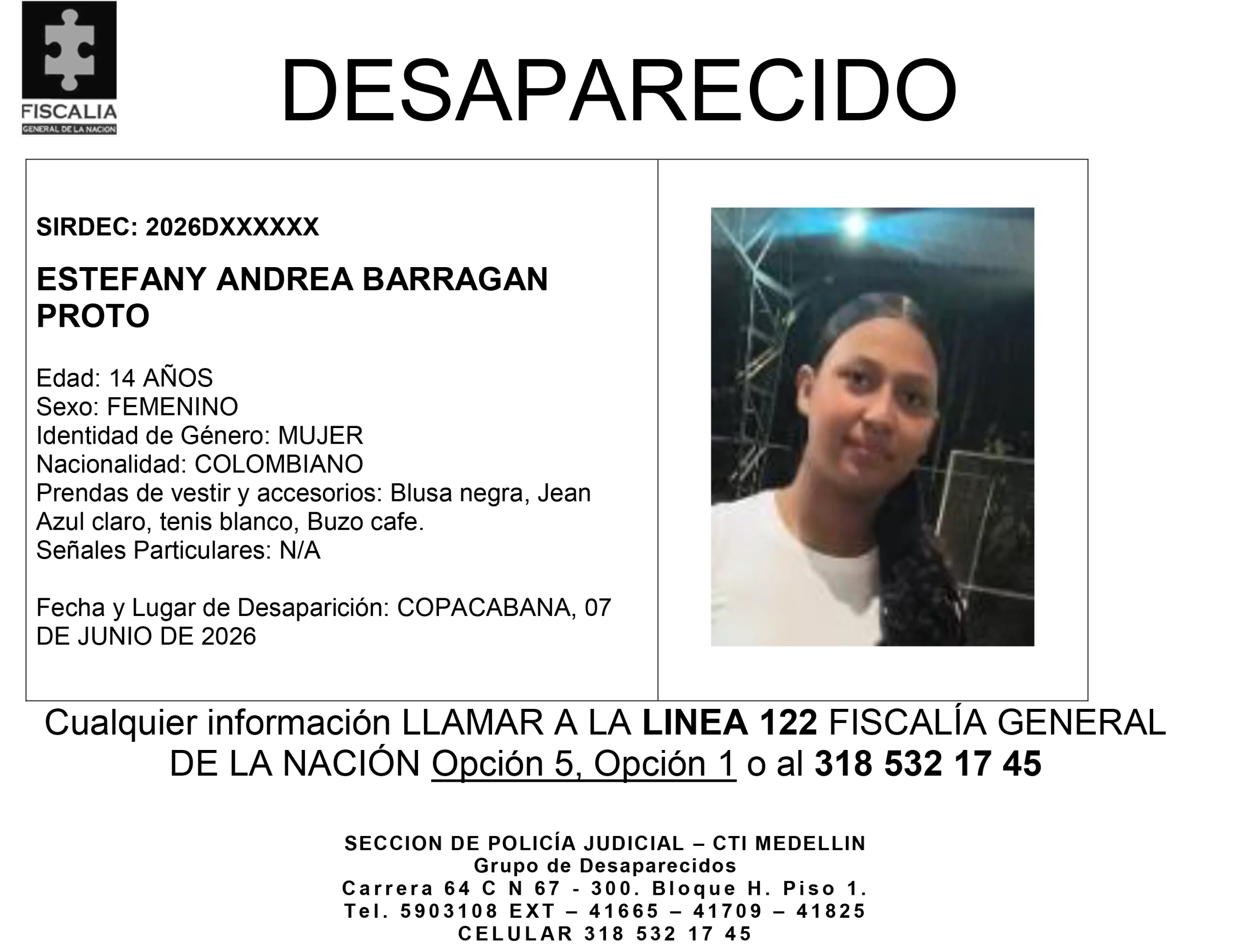 La menor Estefany Andrea Barragán desapareció en C