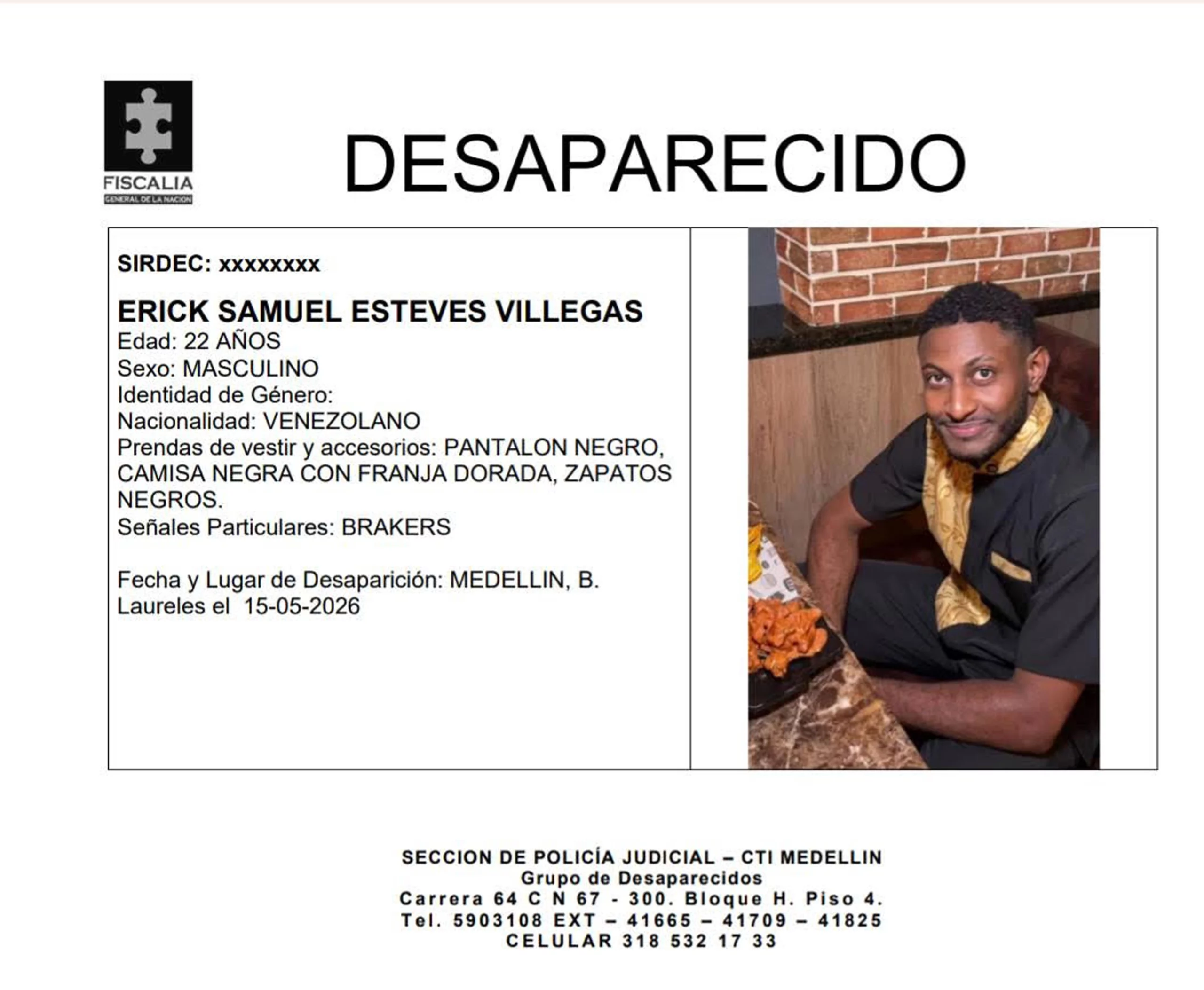 Erick Samuel Esteves desapareció en Medellín 2 1 BOLETIN Erick Samuel Esteves Villegas scaled