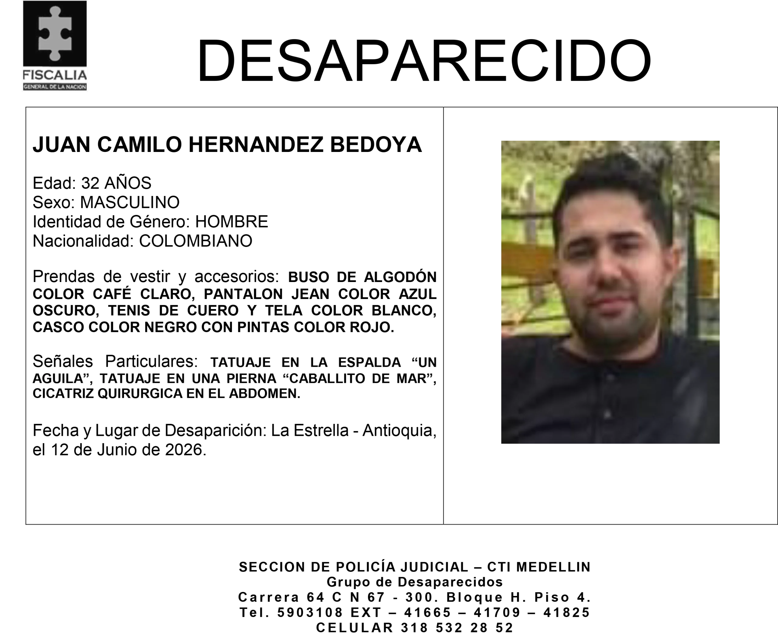 Juan Camilo Hernández desapareció en La Estrella 2 1 BOLETIN JUAN CAMILO HERNANDEZ BEDOYA scaled