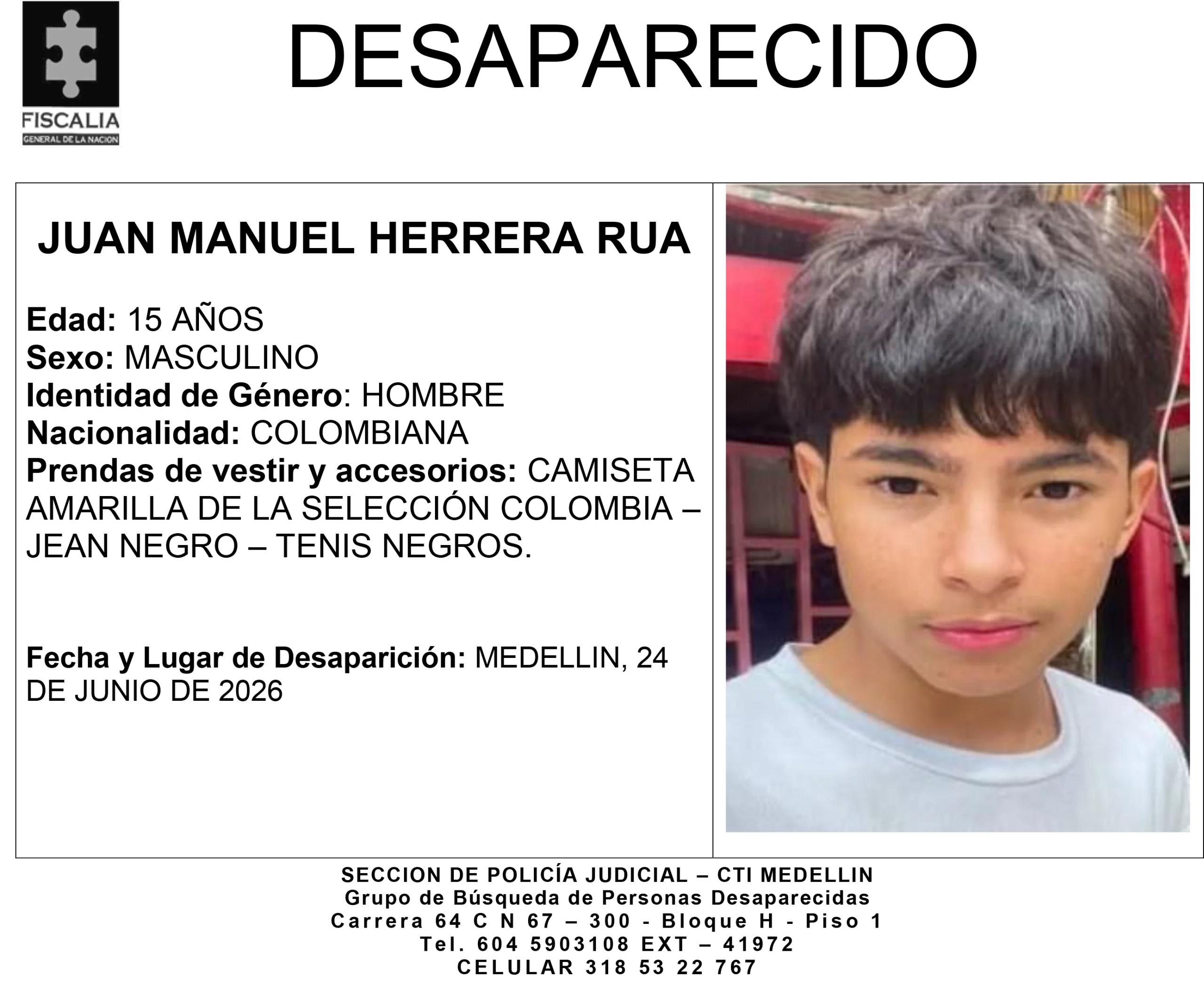 El menor Juan Manuel Herrera desapareció en Medellín 2 1 BOLETIN JUAN MANUEL HERRERA RUA scaled