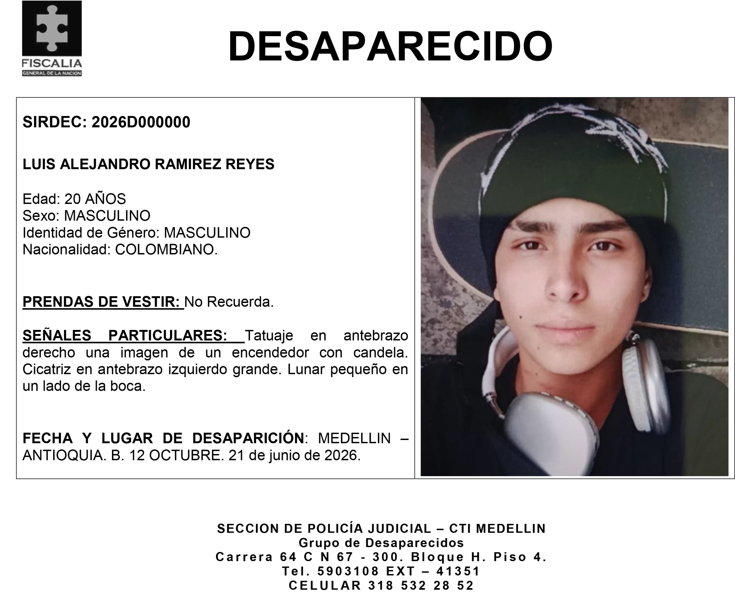 Luis Alejandro Ramírez desapareció en Medellín 2 1 BOLETIN LUIS ALEJANDRO RAMIREZ REYES scaled