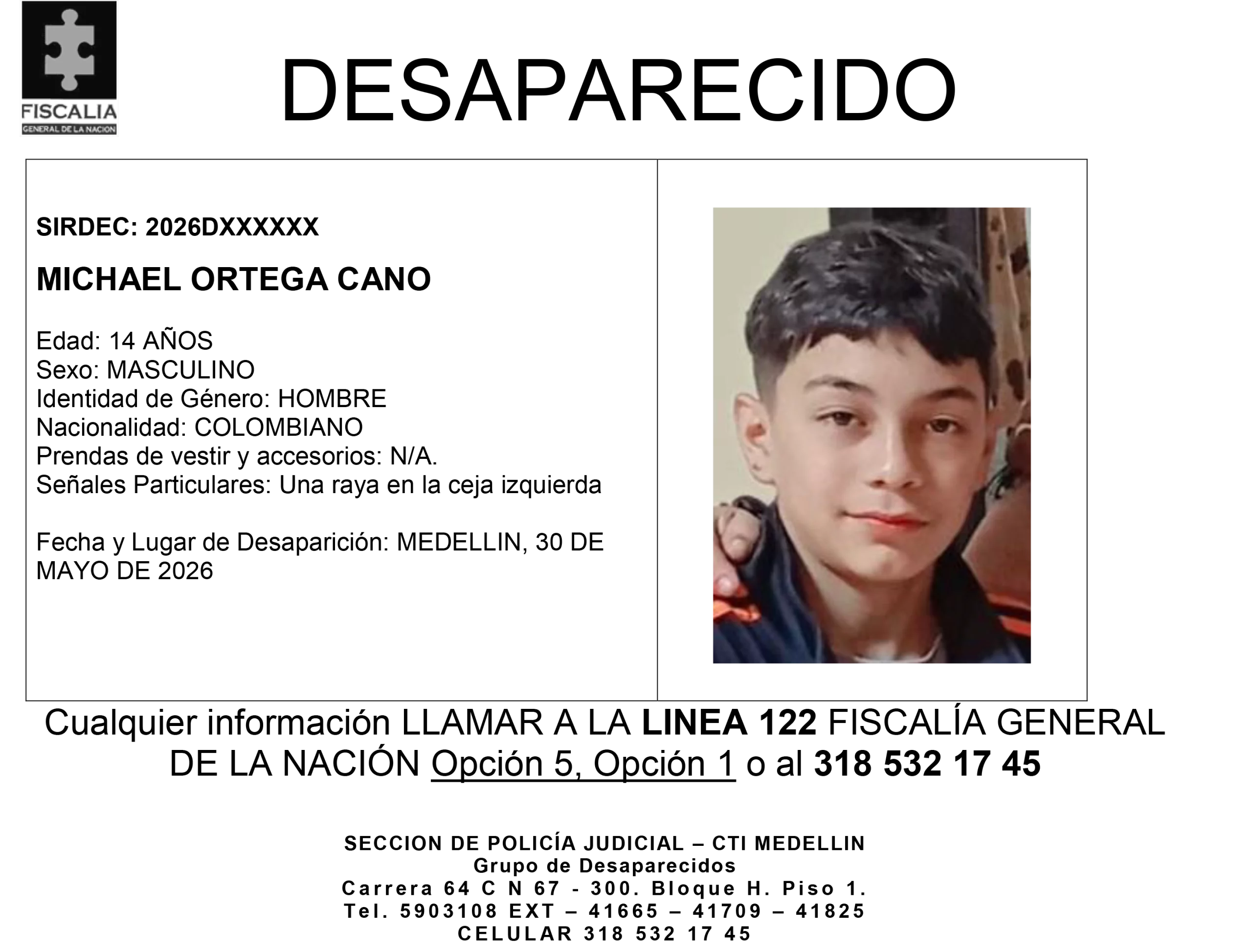 El menor Michael Ortega desapareció en Medellín 2 1 BOLETIN MICHAEL ORTEGA CANO scaled