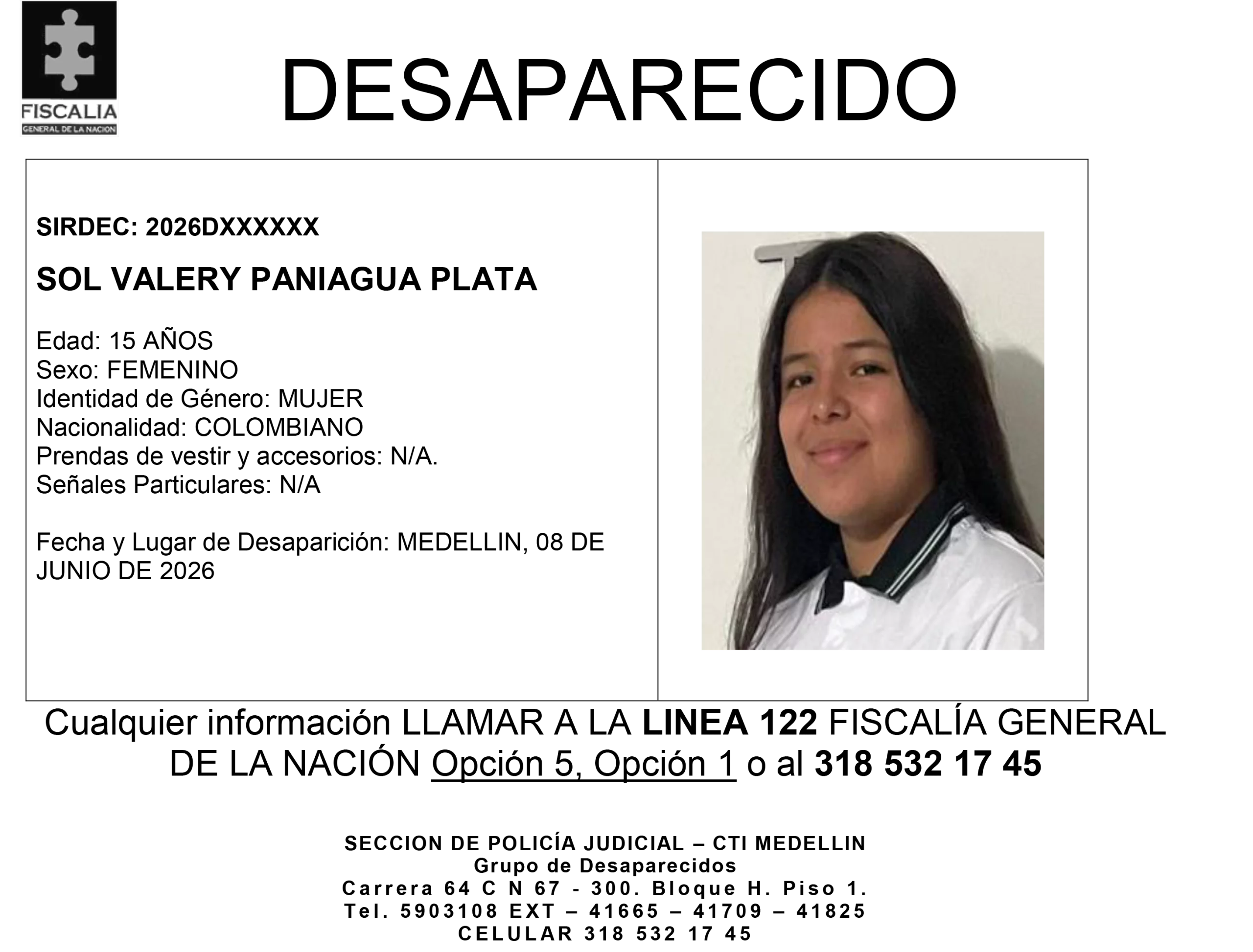 La menor Sol Valery Paniagua desapareció en Medellín 2 1 BOLETIN SOL VALERY PANIAGUA PLATA scaled