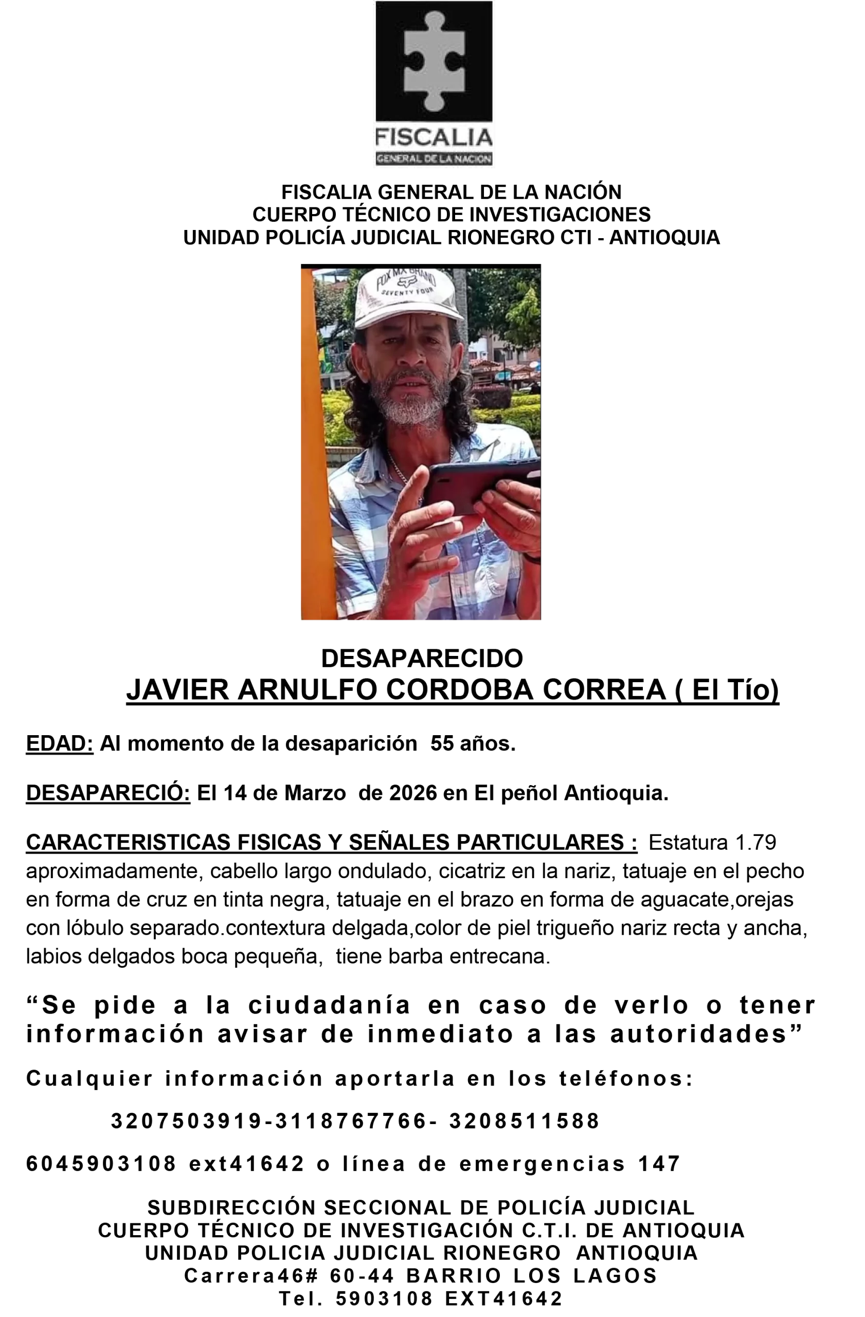 Javier Arnulfo Córdoba desapareció en El Peñol