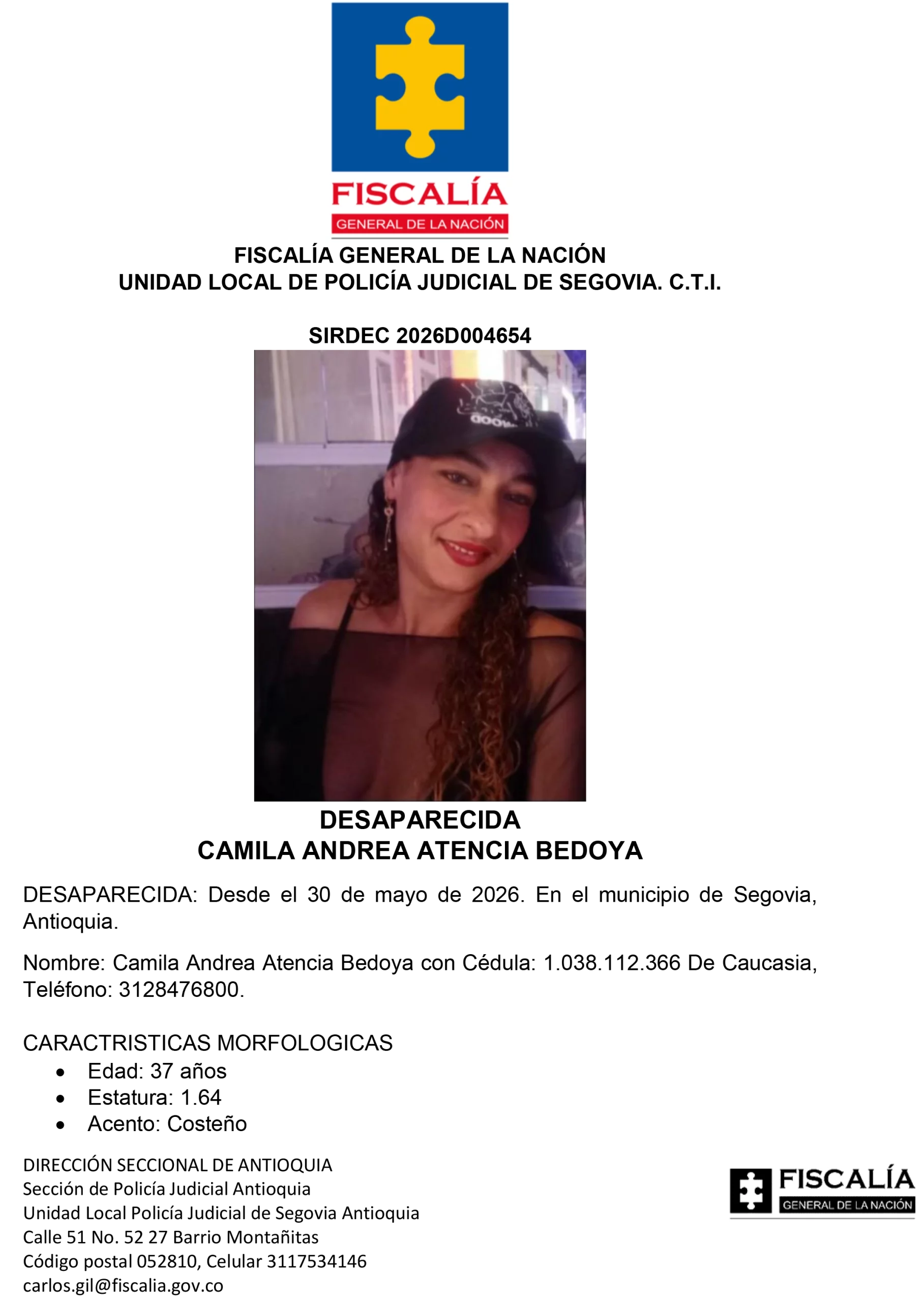 Camila Andrea Atencia desapareció en el municipio 
