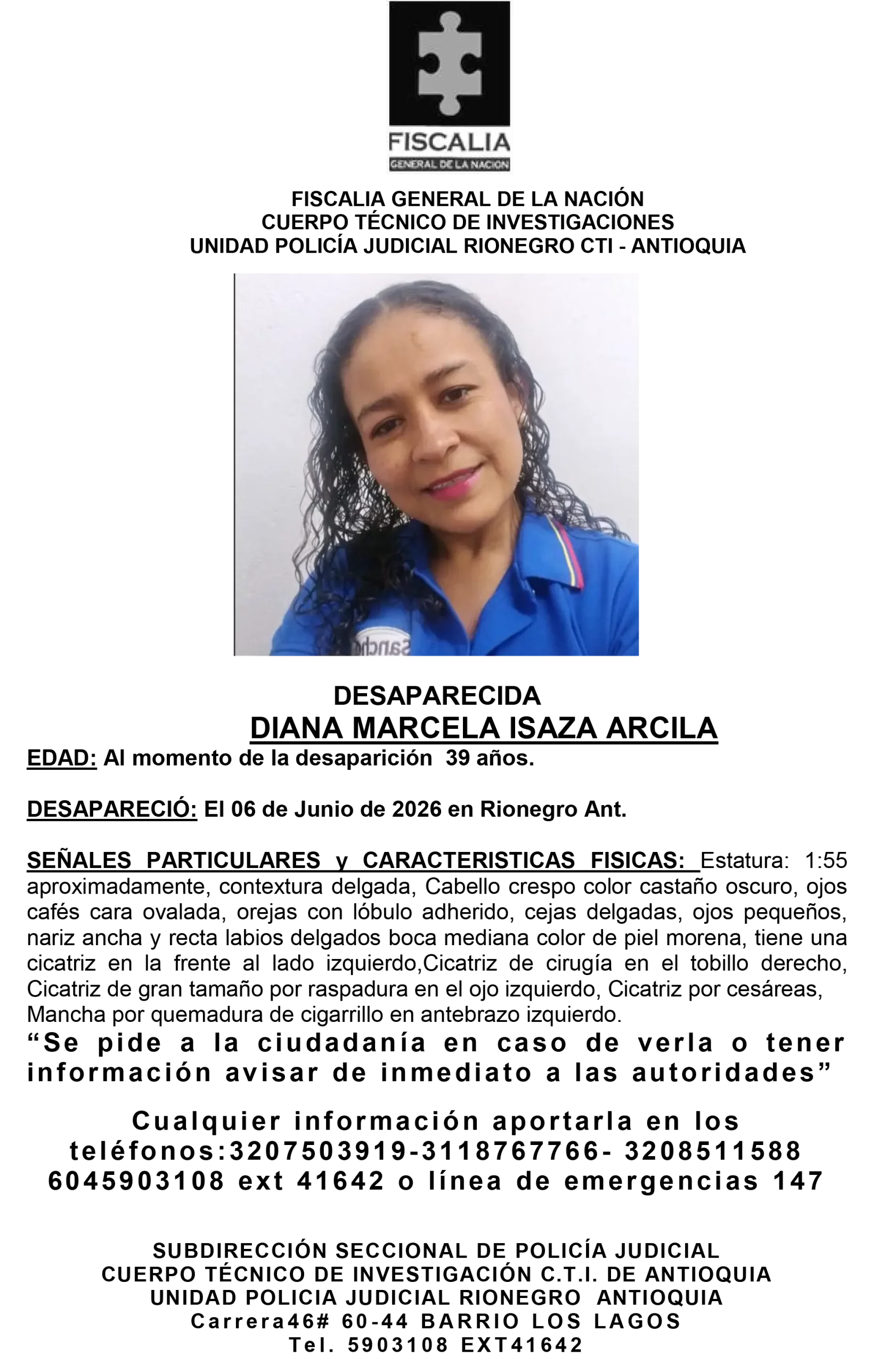 Diana Marcela Isaza desapareció en Rionegro 2 3 VOLANTE DIANA MARCELA ISAZA ARCILA scaled