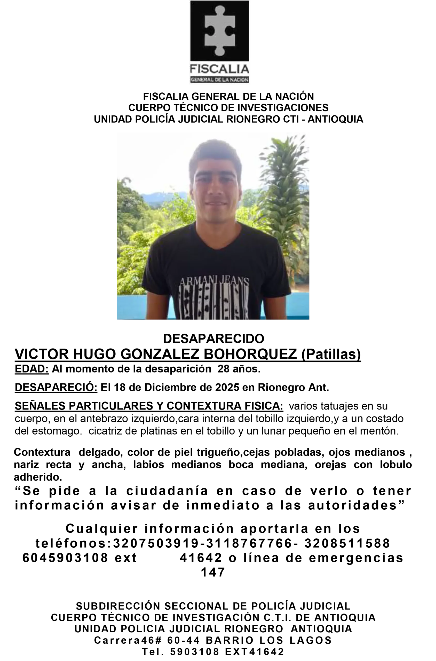 Víctor Hugo González desapareció en Rionegro