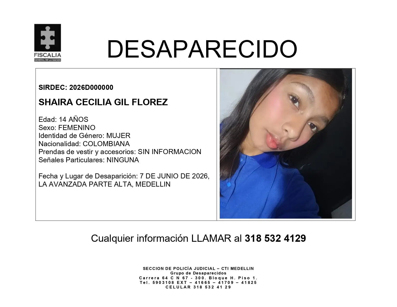 Desde el 7 de junio desapareció la menor Shaira Cecilia en La Avanzada ¿la ha visto? 2 BOLETIN DE DESAPARICION SHAIRA CECILIA GIL FLOREZ page 0001