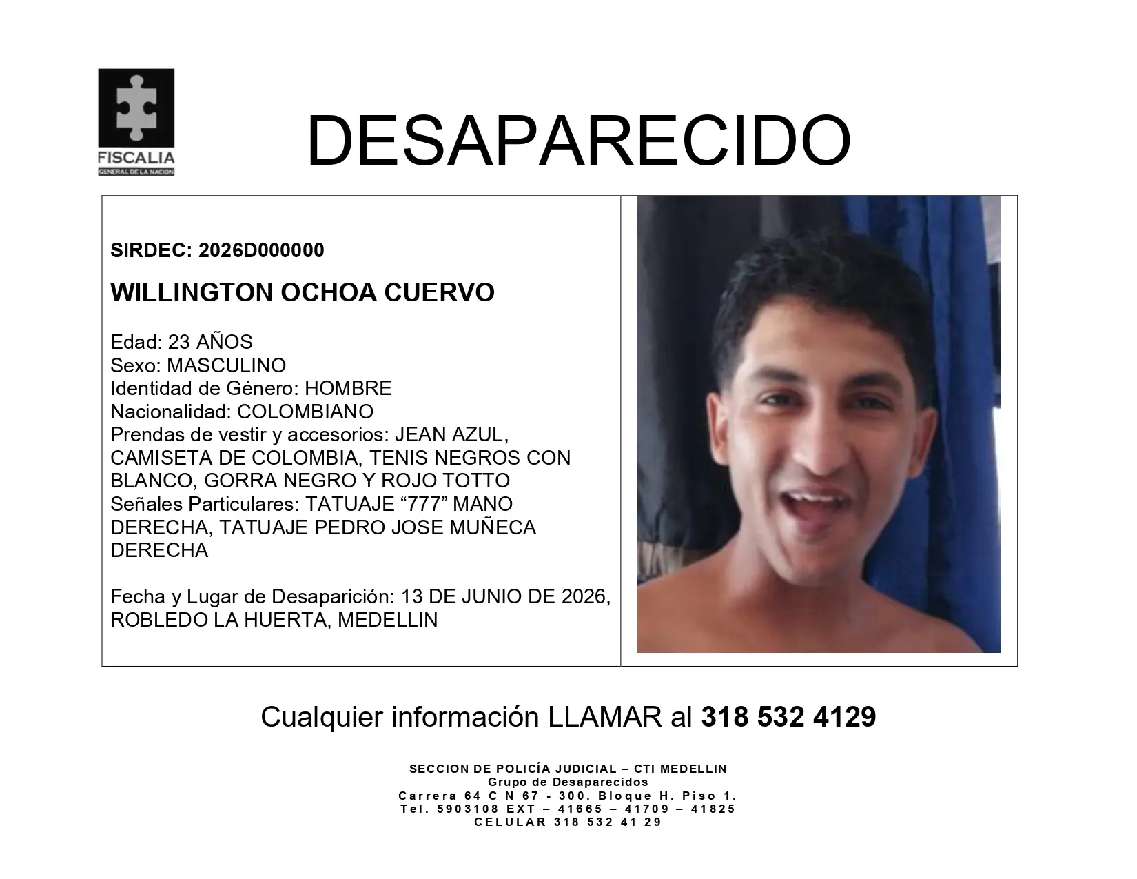 Willington Ochoa Cuervo desapareció en Robledo La Huerta y su familia lo busca 2 BOLETIN DE DESAPARICION WILLINGTON OCHOA CUERVO page 0001