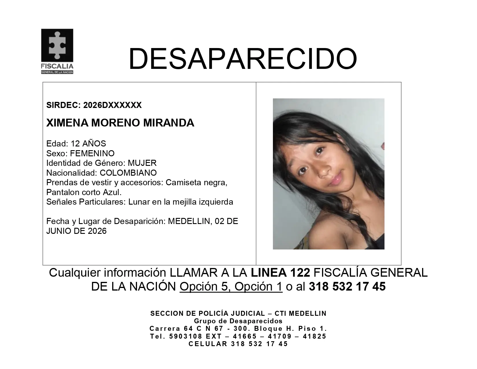 ¡Urgente! Buscan a Ximena Moreno Miranda, menor de 12 años d