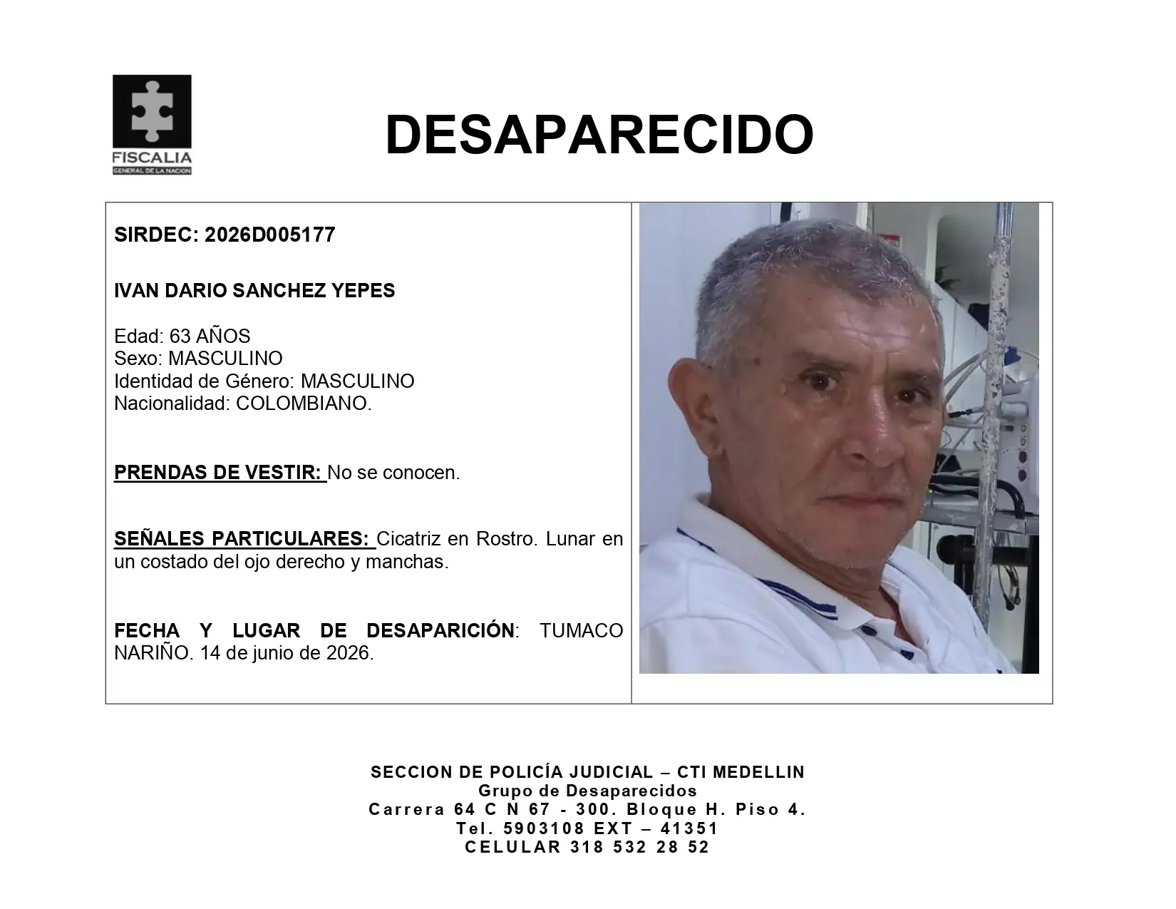Se busca a Iván Darío Sánchez Yepes, desaparecido en Tumaco: tiene una cicatriz en la cara 4 BOLETIN IVAN DARIO SANCHEZ YEPES page 0001