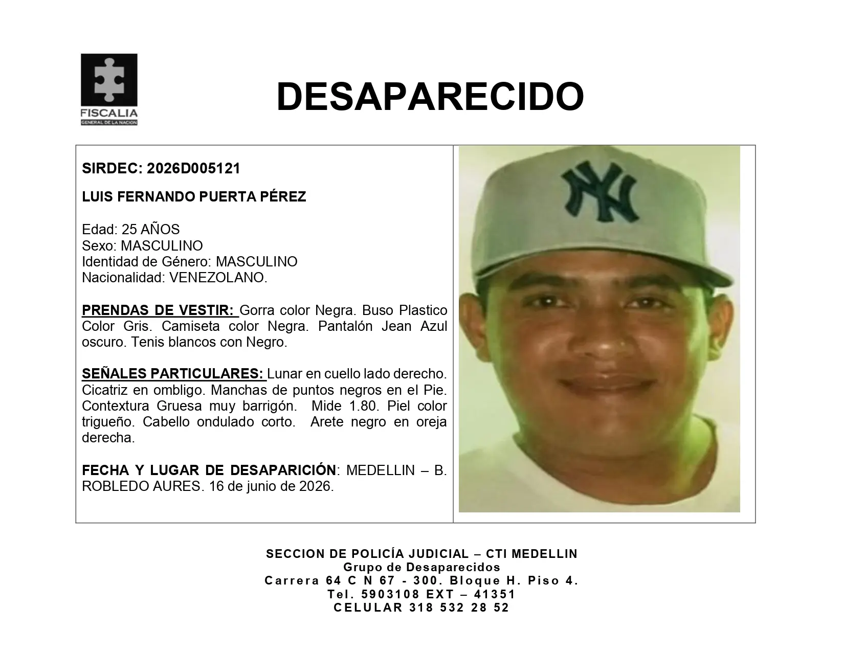 Se busca al venezolano Luis Fernando Puerta Pérez, desaparecido en Robledo Aures el 16 de junio 2 BOLETIN LUIS FERNANDO PUERTA PEREZ page 0001