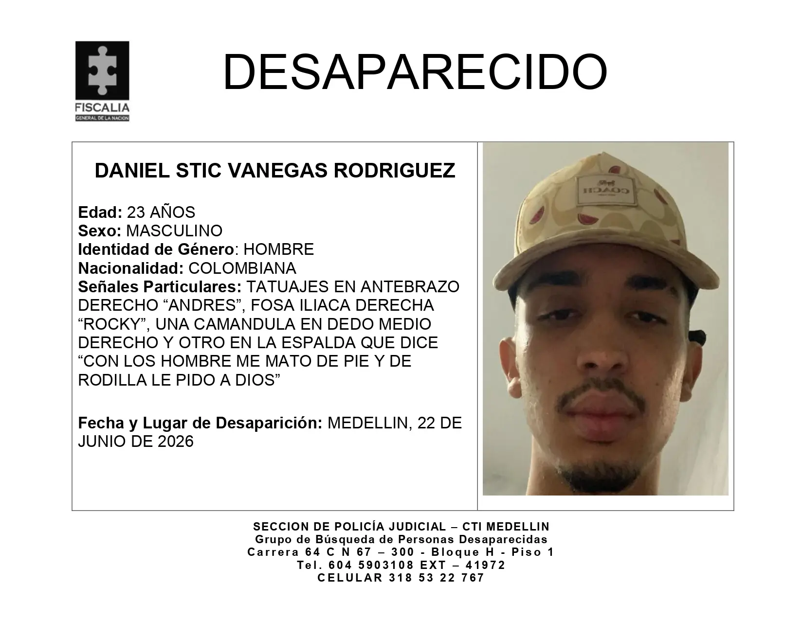 Ayúdanos a encontrar a Daniel Stic Vanegas, desaparecido en Medellín: tiene varias tatuajes 2 BOLETIN page 0001