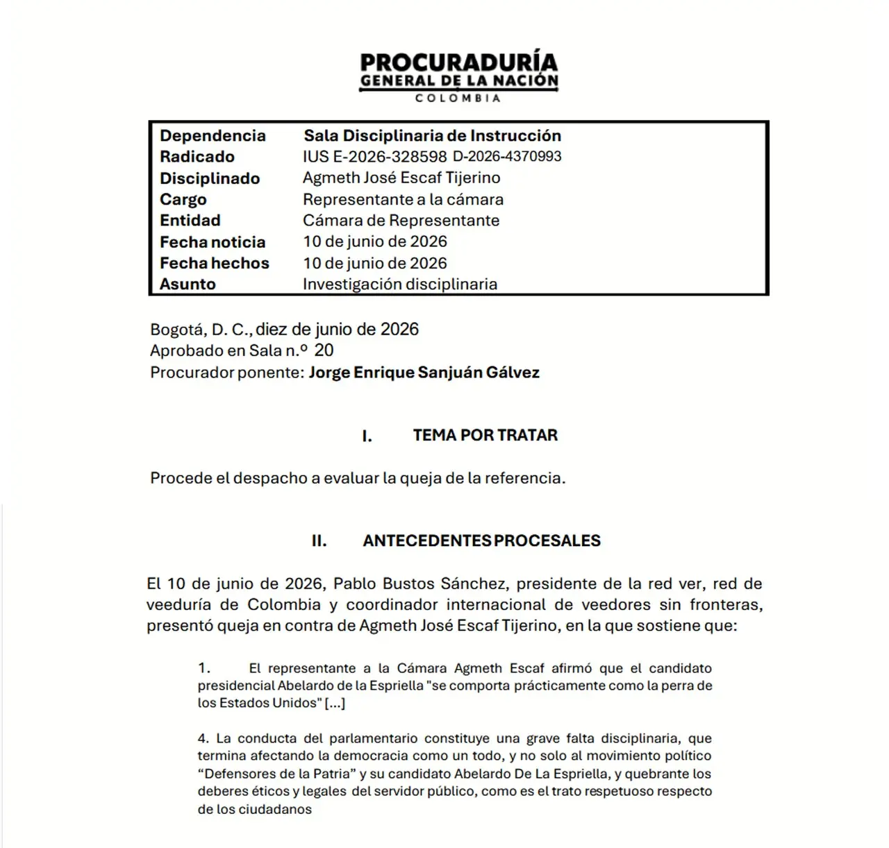 Procuraduría suspende al representante Agmeth Escaf por insu