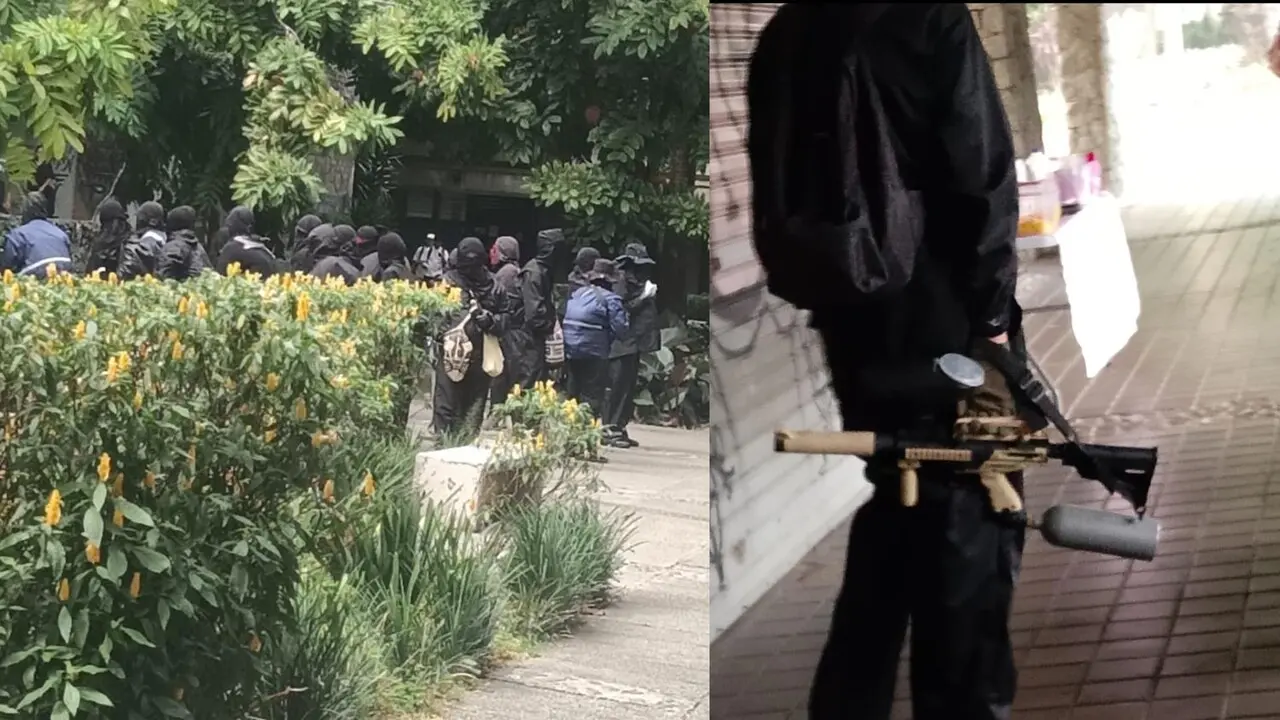 Tensión en la UdeA: Denuncian desalojo con armas de fuego por parte de «capuchos» y el Distrito advierte que no lo va a permitir 2 capuchos en la udea4