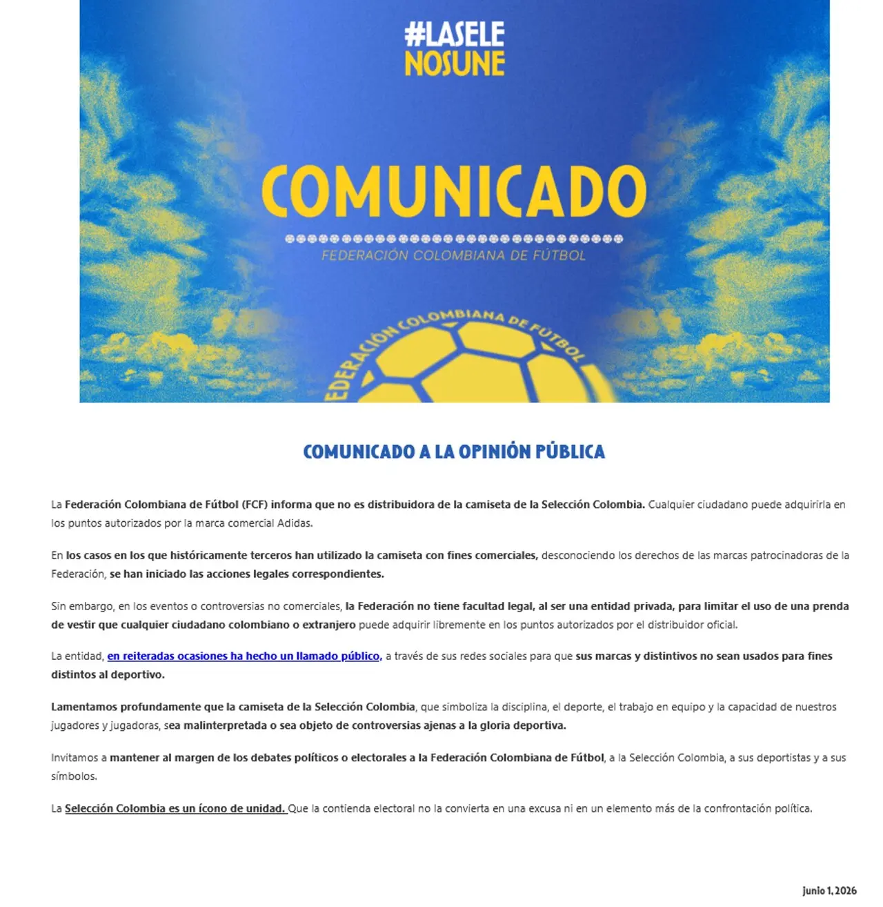 Otra derrota para Cepeda: La FCF responde que la camiseta es de uso libre para su dueño 3 comunicado fcf camiseta de la sele