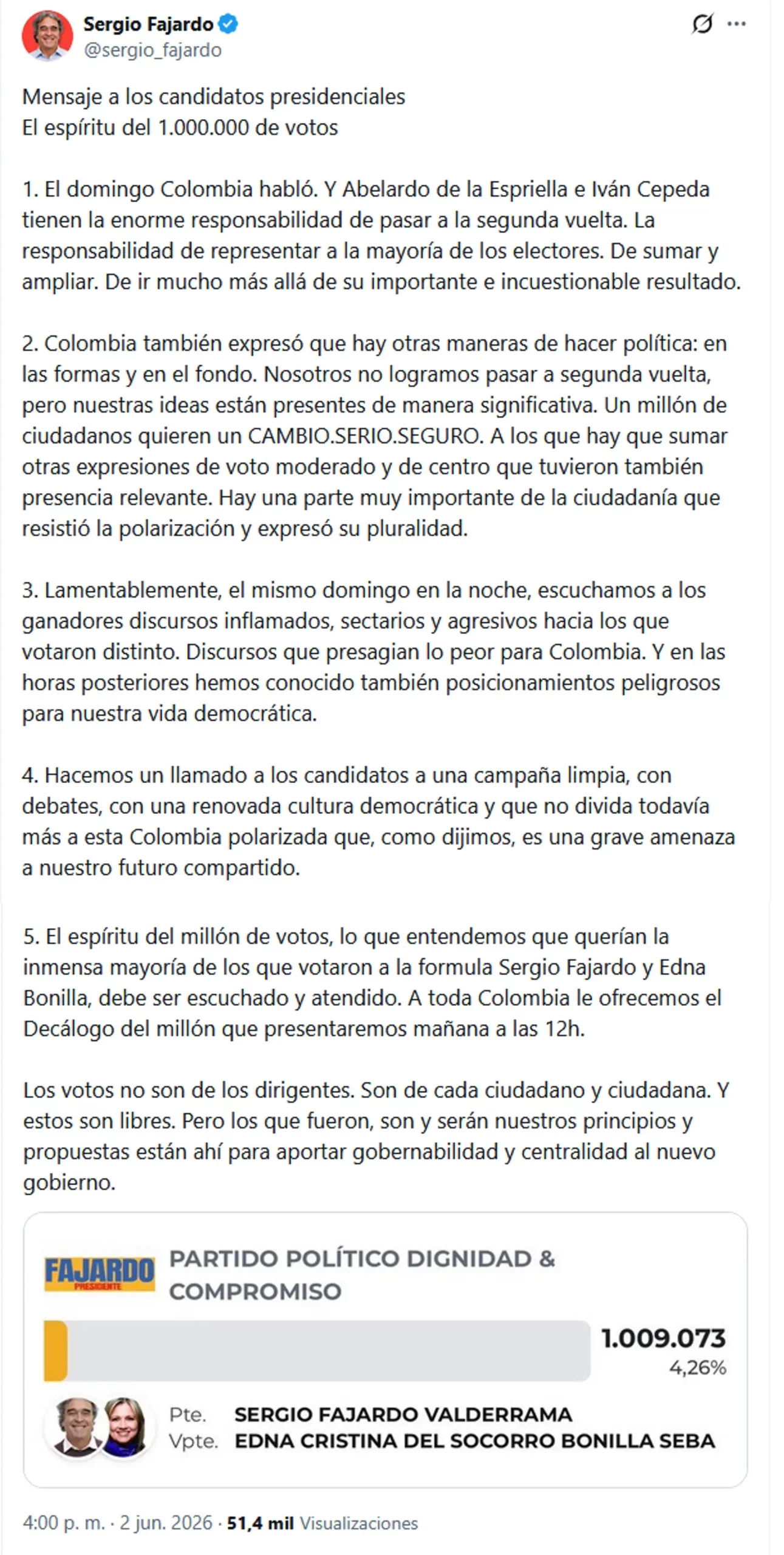 “Los votos no son de los dirigentes, son de cada ciudadano” Fajardo se pronuncia para la segunda vuelta emblema fajardo central a escala
