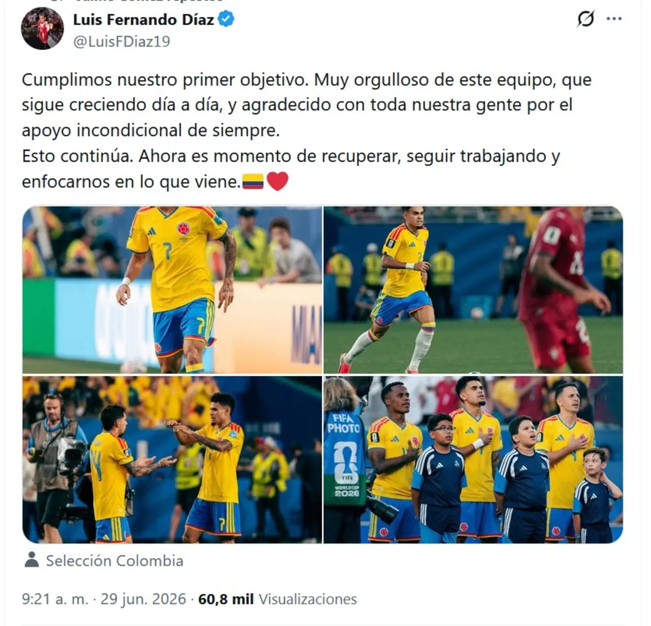 «Cumplimos nuestro primer objetivo»: El emotivo mensaje de Luis Díaz tras el avance de Colombia en el Mundial 2 luis diaz mensaje