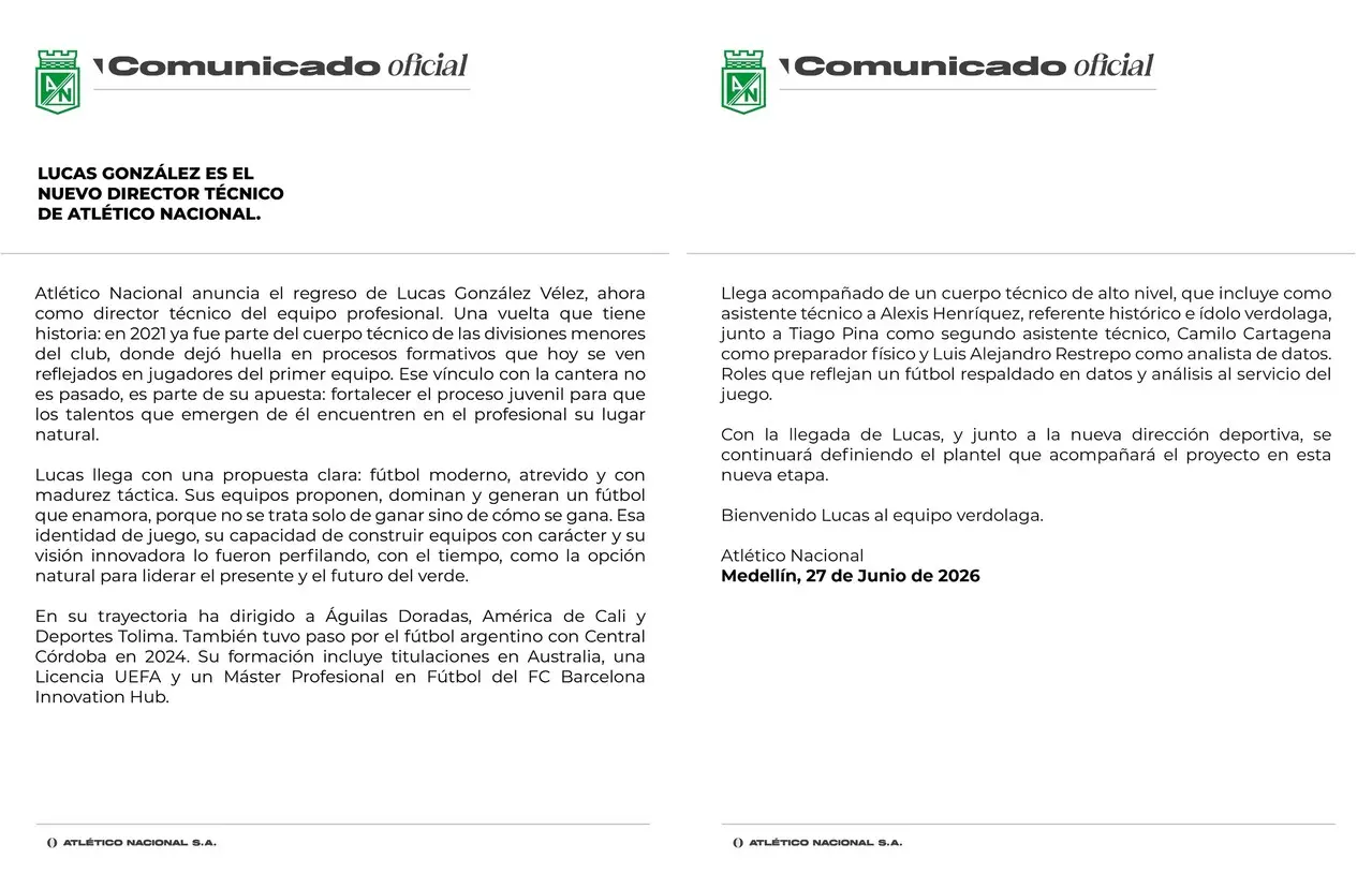 ¡Es oficial! Lucas González es el nuevo técnico de Atlético Nacional y llega acompañado de un ídolo 2 nacional tecnico lucas