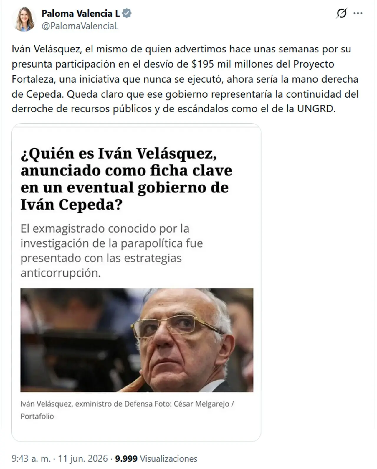 Paloma Valencia lanza duras críticas contra Iván V