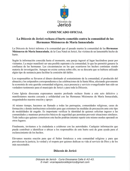 Indignación en Jericó: pareja fingió vocación religiosa para robar «las limosnas» a una comunidad de monjas 2 robo monjas de jerico