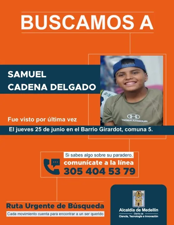 ¡Urgente! Buscan a Samuel Cadena, menor de 13 años desaparecido en el noroccidente Medellín 2 samuel cadena volante