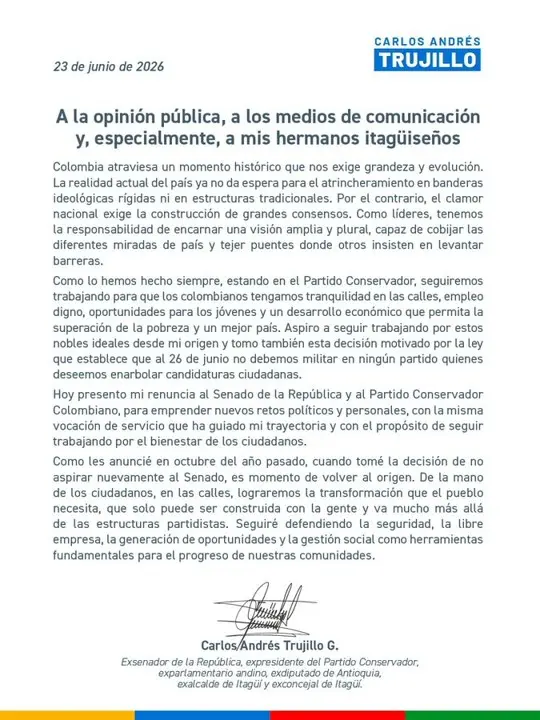 Trujillo renuncia al Partido Conservador y a su curul para aspirar a la alcaldía de Itagüí 2 trujillo renuncia al senado y al conservatismo