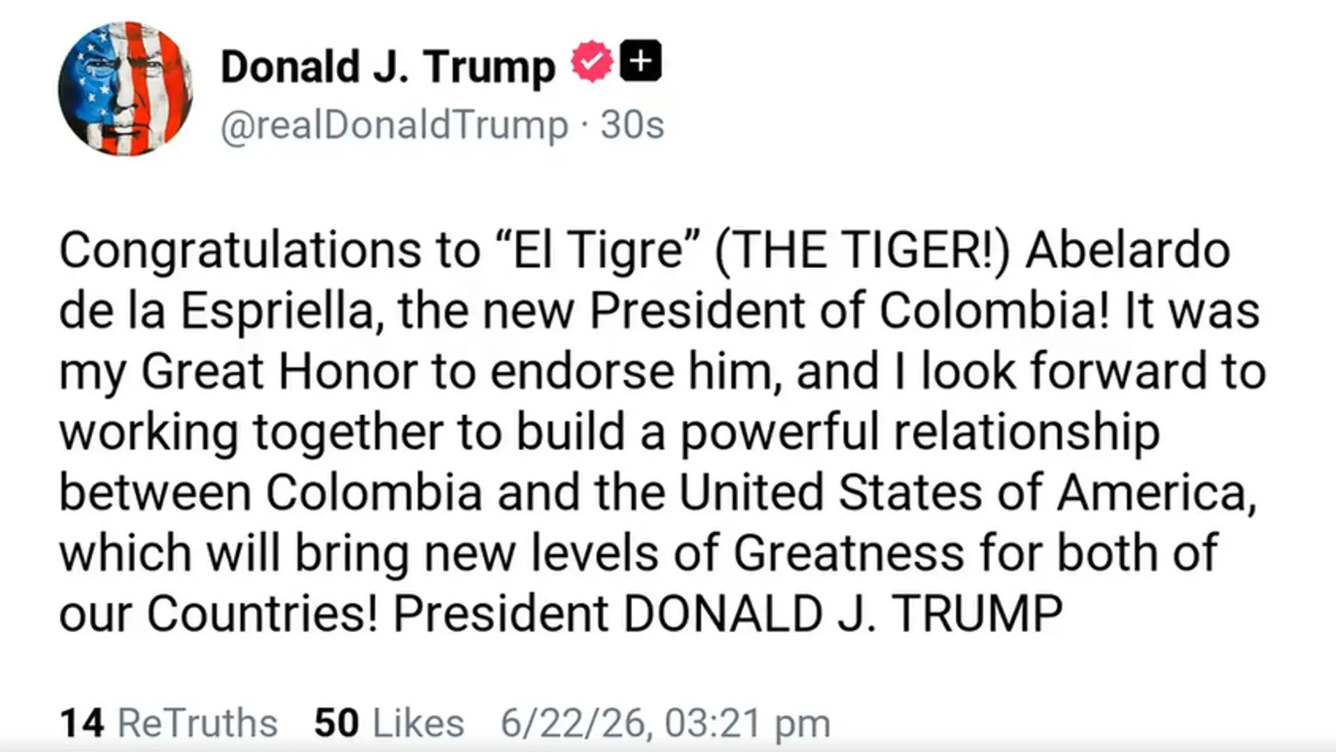 «Fue un gran honor para mí respaldarlo»: Donald Trump felicita oficialmente a Abelardo de la Espriella, nuevo presidente de Colombia 2 trump abelardo presidencia
