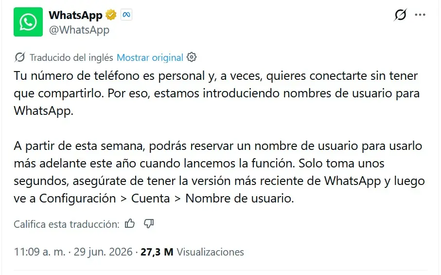 WhatsApp cambiará para siempre: Ya puedes ocultar tu número y usar un nombre de usuario ¡resérvalo! 2 whatsapp usuario