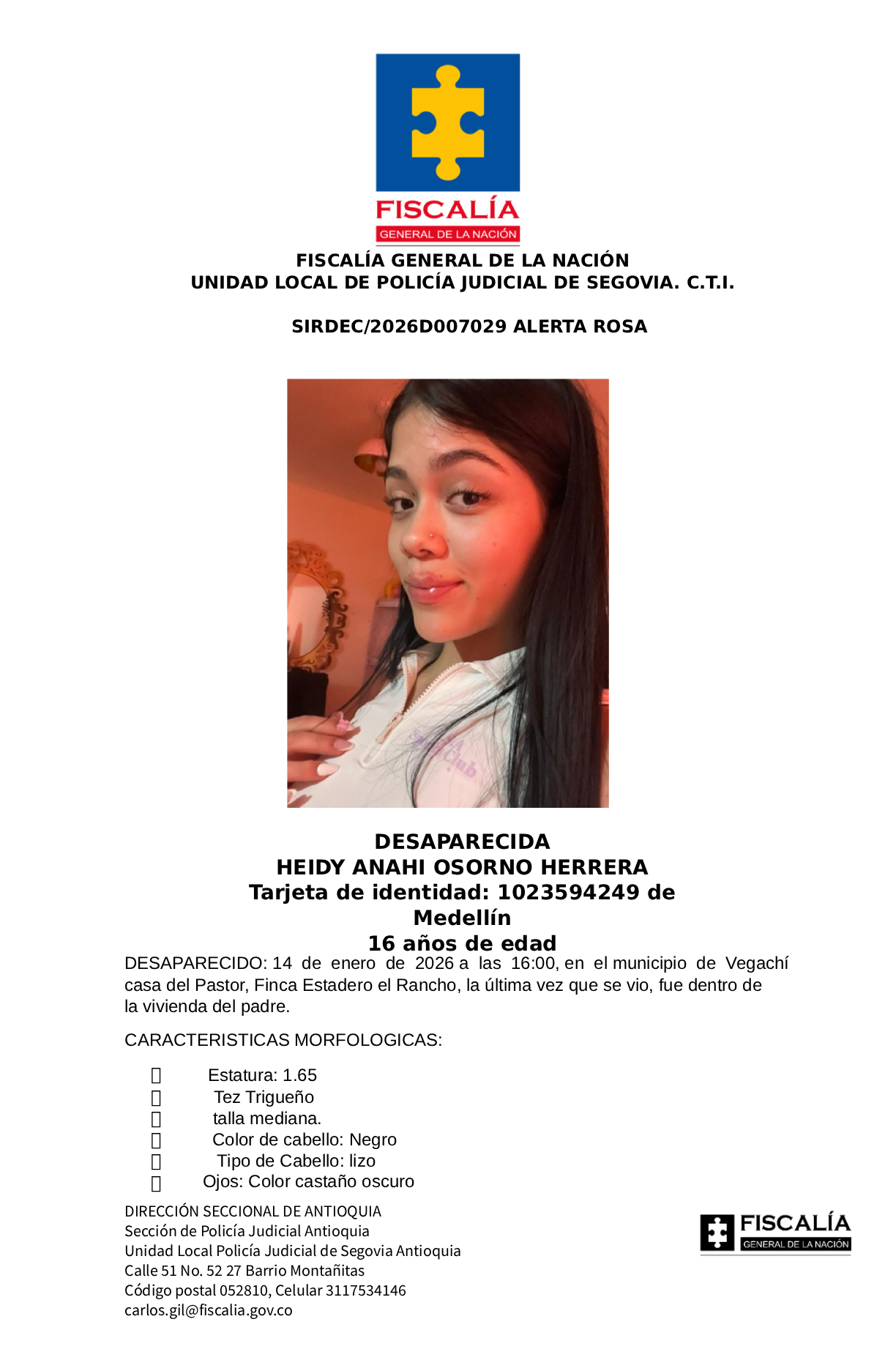 La menor Heidy Anahí Osorno desapareció en el municipio de Vegachí, Antioquia 2 1 BOLANTE Heidy Anahi Osorno Herrera