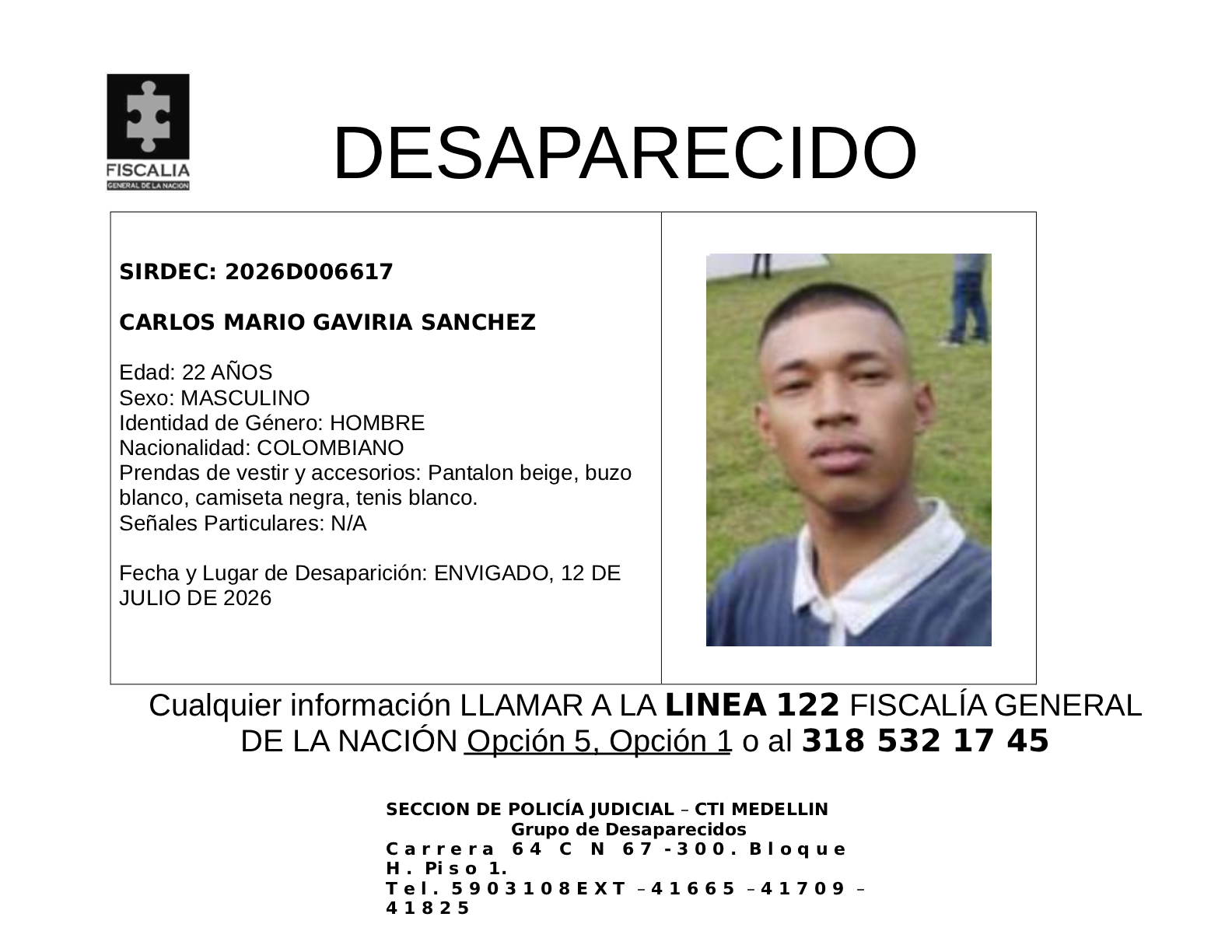 Carlos Mario Gaviria desapareció en Envigado 2 1 BOLETIN CARLOS MARIO GAVIRIA SANCHEZ