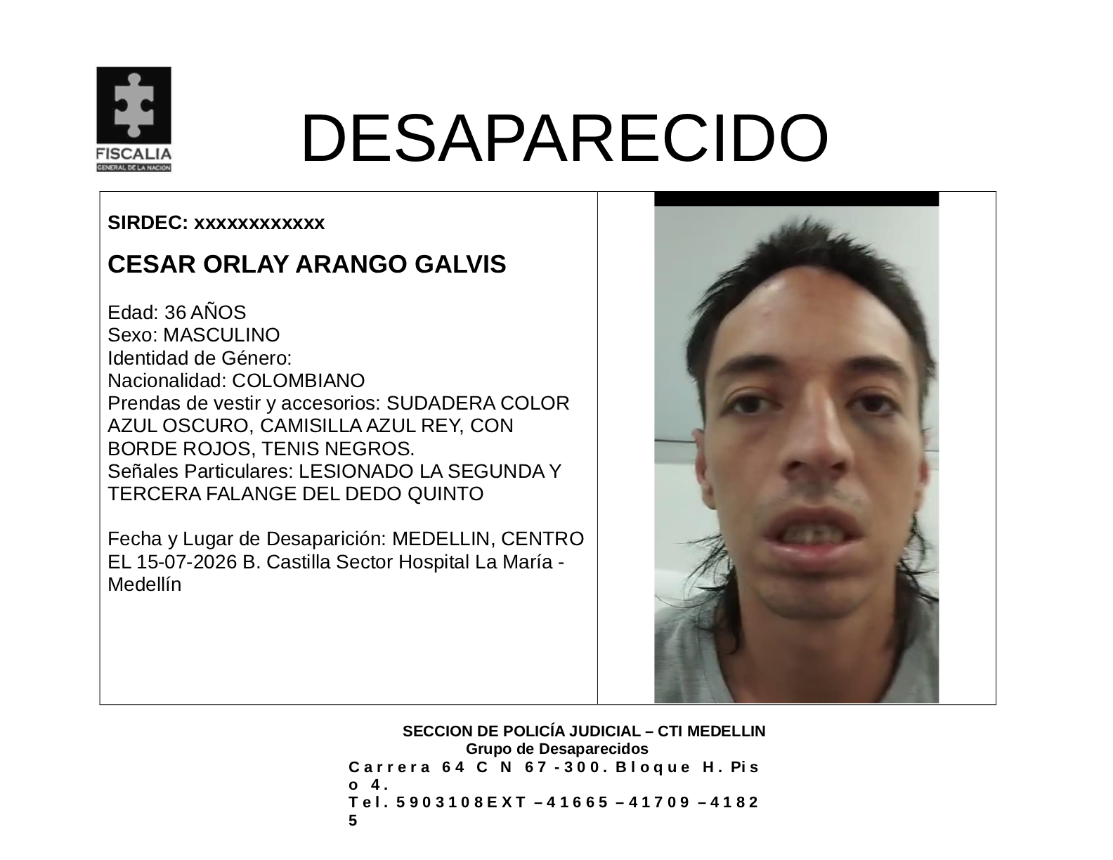 César Orlay Arango desapareció en Medellín 2 1 BOLETIN CESAR ORLAY ARANGO GALVIS