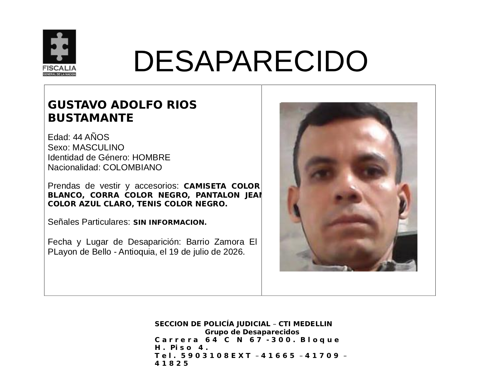 Gustavo Adolfo Ríos desapareció en Bello 2 1 BOLETIN GUSTAVO ADOLFO RIOS BUSTAMANTE